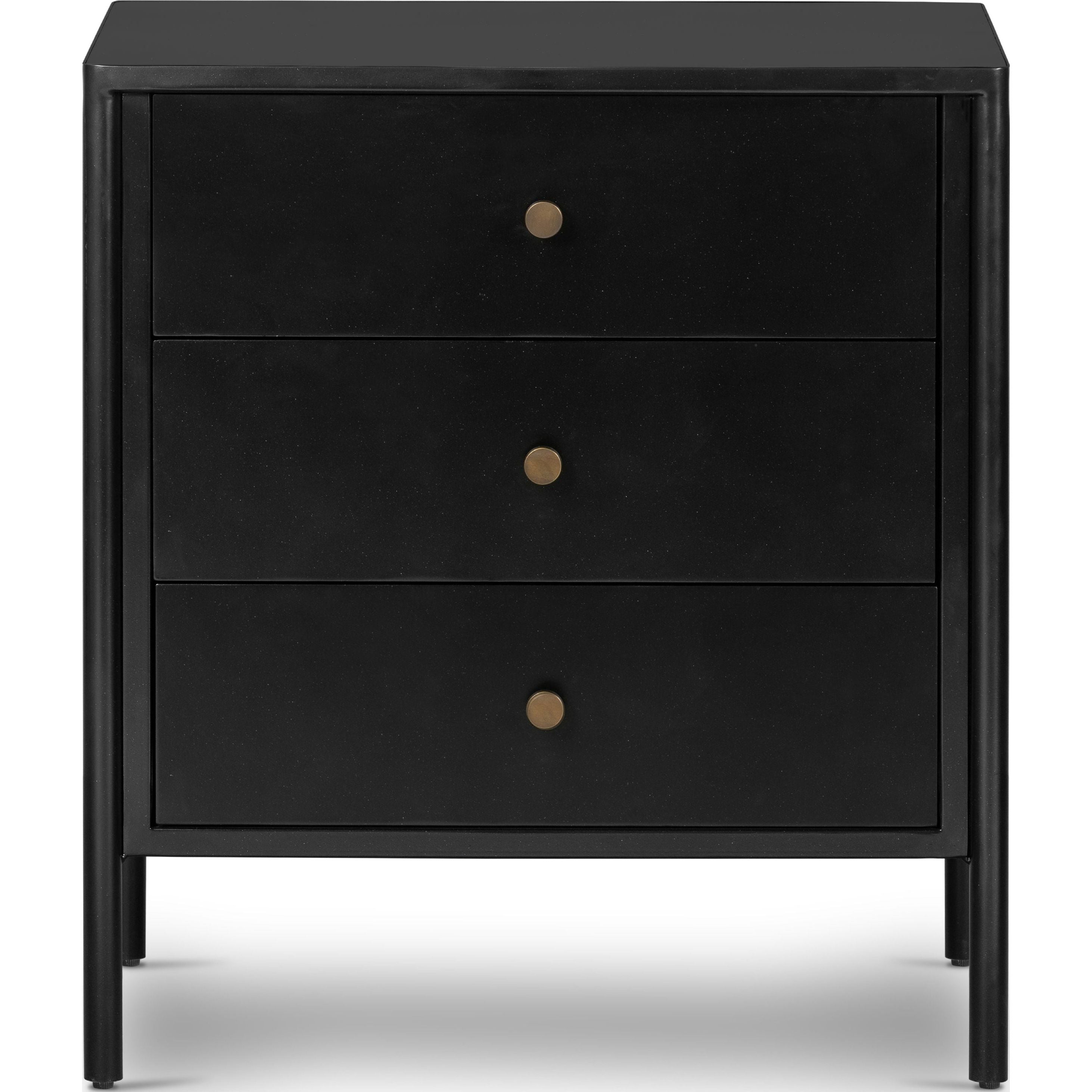 Featuring Soto Nightstand by Four Hands at Amethyst Home. Bring a clean, beautifully industrial look to the bedroom with a three-drawer dresser made from black-finished iron, featuring bronzed iron hardware.
Overall Dimensions: 24"W x 18"L x 27"HColors: Black, Weathered BronzeMaterials: IronWeight: 91.49 lb.  Amethyst Home provides interior design, new home construction design consulting, vintage area rugs, and lighting in the Portland metro area.