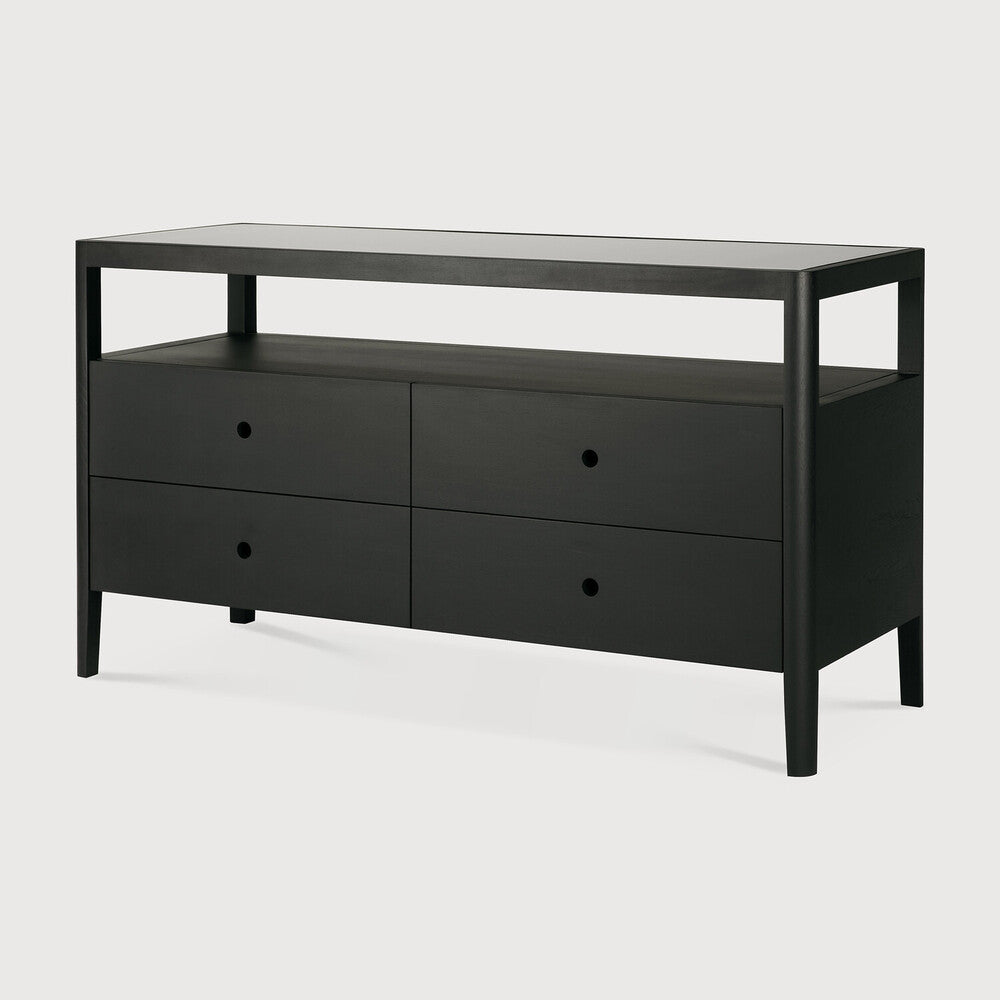 Featuring Spindle Oak Black Dresser by Ethnicraft at Amethyst Home. The Spindle collection found its inspiration in the traditional spinning wheel. Slightly tapered legs and rounded edges add a soft, sensual quality to this beautiful bedroom collection. This dresser is just as much at home in the bedroom as it is in commercial spaces as a stylish storage solution.Weight : 192 lbs Di. Amethyst Home provides interior design, new construction, custom furniture, and area rugs in the Houston metro area