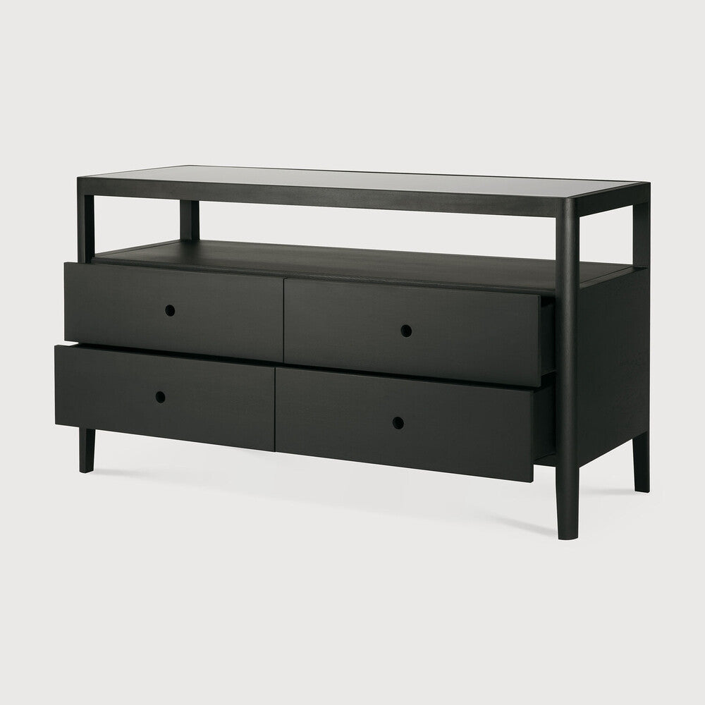 Featuring Spindle Oak Black Dresser by Ethnicraft at Amethyst Home. The Spindle collection found its inspiration in the traditional spinning wheel. Slightly tapered legs and rounded edges add a soft, sensual quality to this beautiful bedroom collection. This dresser is just as much at home in the bedroom as it is in commercial spaces as a stylish storage solution.Weight : 192 lbs Dime. Amethyst Home provides interior design, new construction, custom furniture, and area rugs in the Tampa metro area