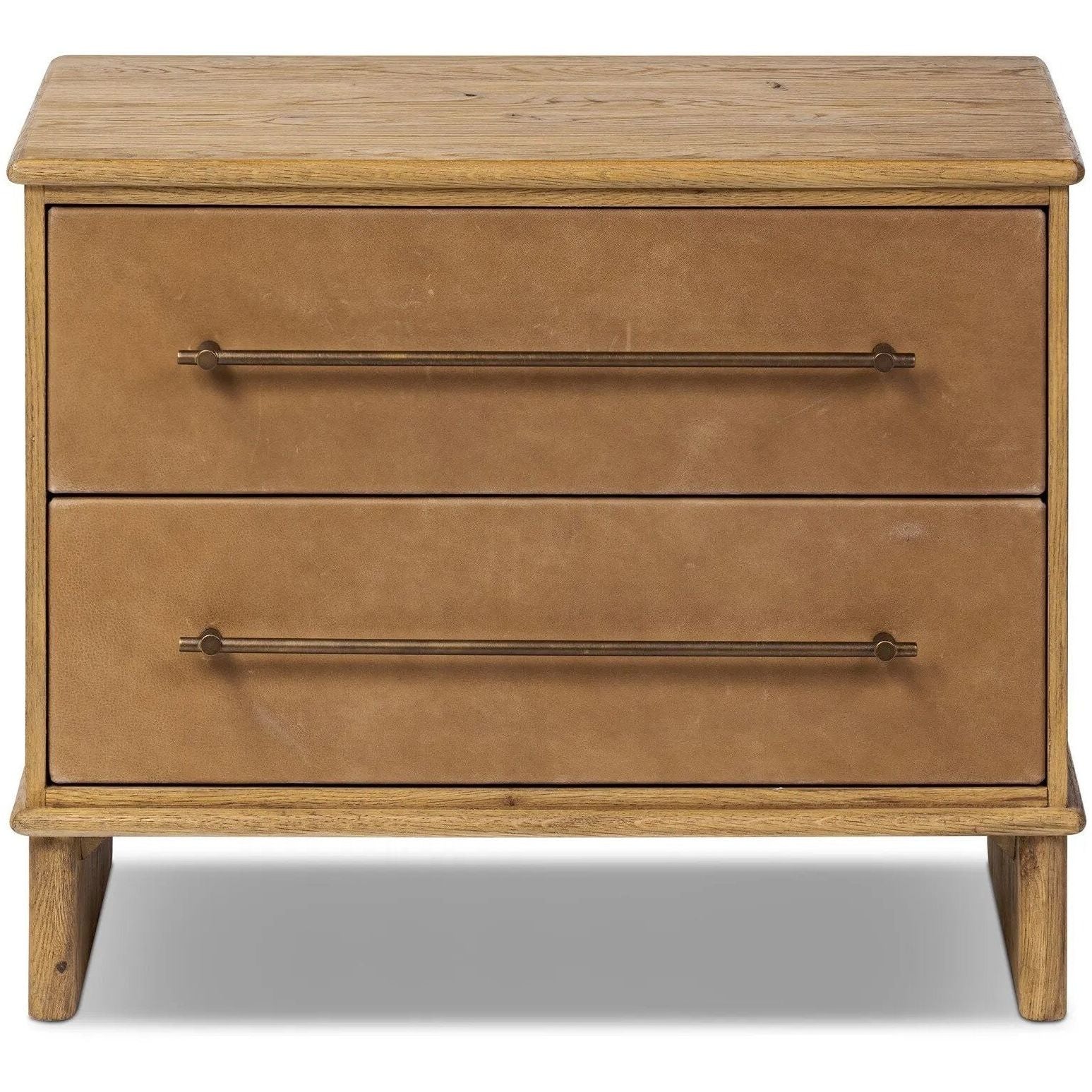 Featuring Stella Hazel Oak Veneer Nightstand by Four Hands at Amethyst Home. Bring a Nordic-inspired look to your bedroom styling. A spacious two-drawer nightstand of thick, grain-rich oak veneer encases drawer fronts covered with tan top-grain leather exclusive to Four Hands. Finished out with long, linear iron hardware. Overall Dimensions: 28.00"w x 19.50. Amethyst Home provides interior design, new home construction design consulting, vintage area rugs, and lighting in the Nashville metro area.