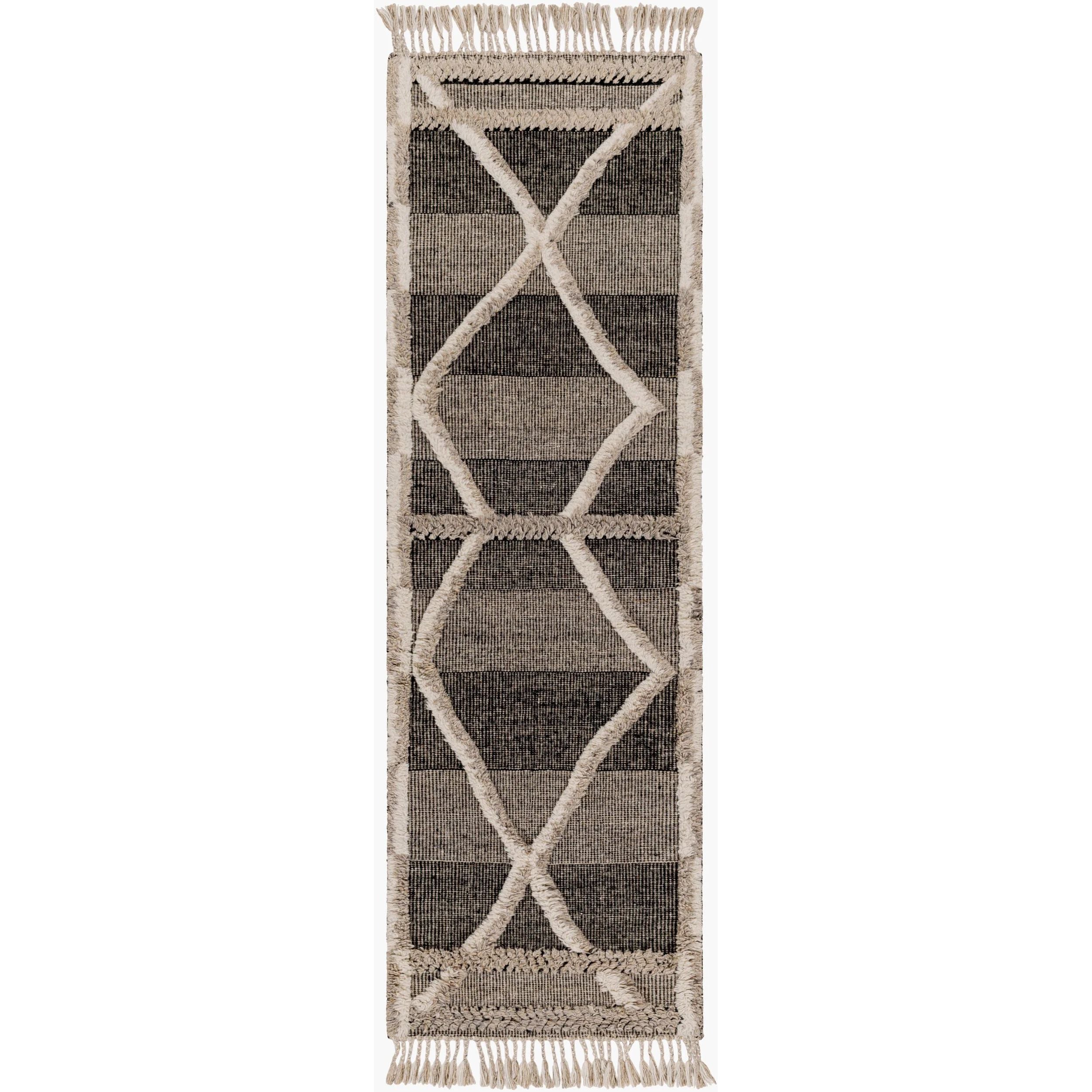 Bring a touch of global-inspired sophistication to your living space with the Cadiz Handmade Rug. This hand knotted wool rug has a plush pile, offering an inviting feel underfoot. The fringe detail adds texture and visual interest, while its Moroccan-style pattern gives this piece a timeless yet modern look. Amethyst Home provides interior design, new home construction design consulting, vintage area rugs, and lighting in the Salt Lake City metro area.