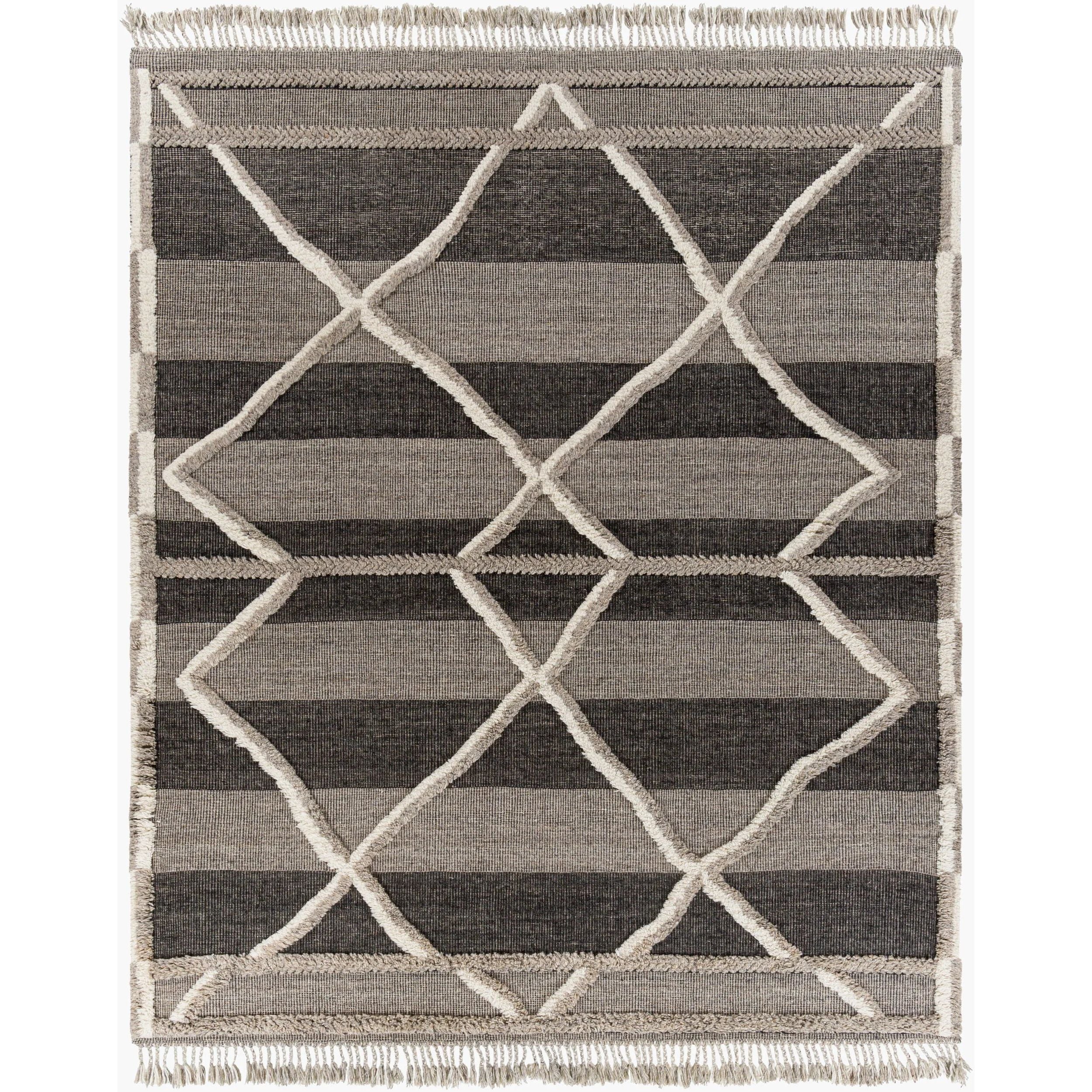 Bring a touch of global-inspired sophistication to your living space with the Cadiz Handmade Rug. This hand knotted wool rug has a plush pile, offering an inviting feel underfoot. The fringe detail adds texture and visual interest, while its Moroccan-style pattern gives this piece a timeless yet modern look. Amethyst Home provides interior design, new home construction design consulting, vintage area rugs, and lighting in the Washington metro area.