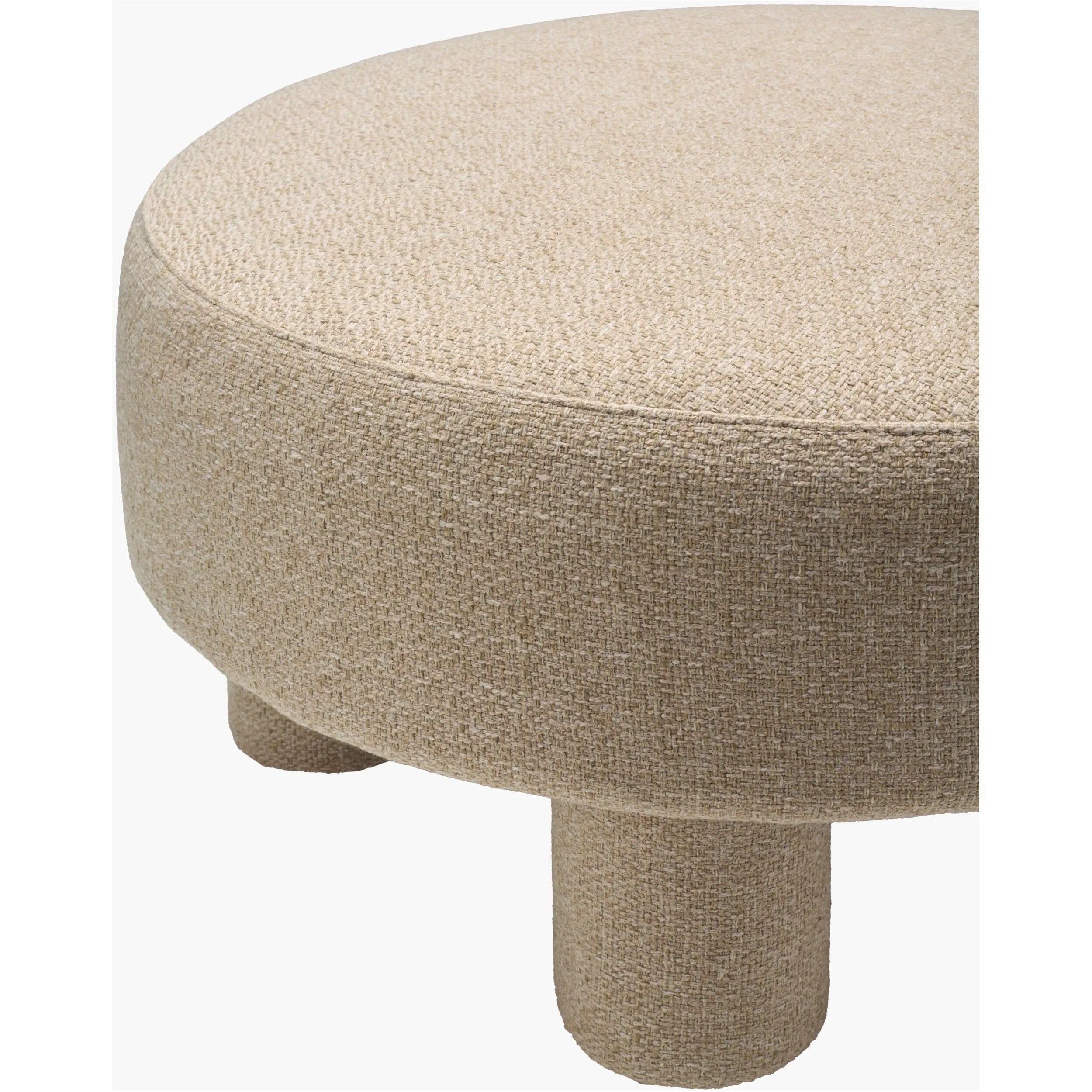 Featuring Welly Ottoman by Surya at Amethyst Home. Introducing the Welly Ottoman, a stunning addition to any living space. This piece is not only stylish but also sustainable, featuring upholstery made from recycled fabric and polyester. The sturdy plywood base ensures durability while the fill, a blend of 90% polyurethane foam and 10% Dacron, offers plush com. Amethyst Home provides interior design, new home construction design consulting, vintage area rugs, and lighting in the Austin metro area.