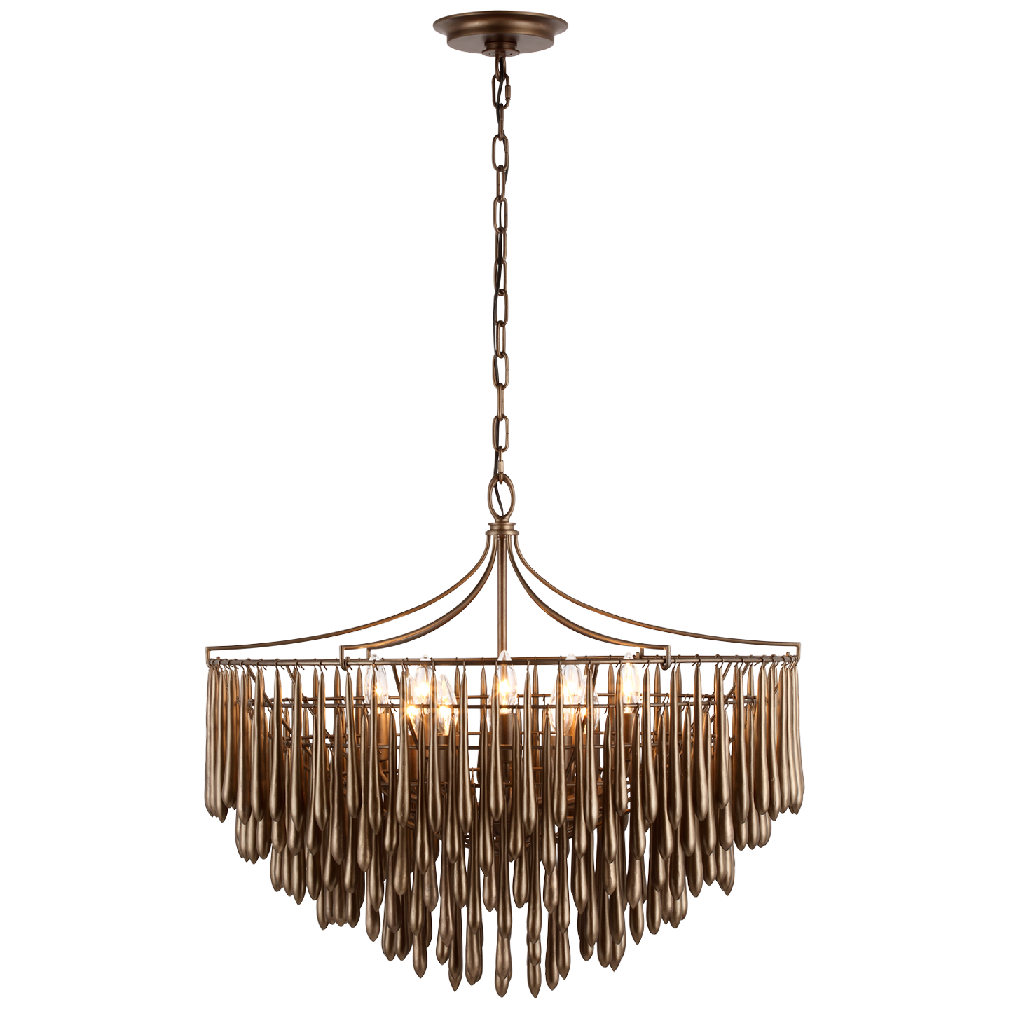 Featuring Vacarro Medium Chandelier Antique Bronze Leaf by Visual Comfort at Amethyst Home. The Vacarro by Julie Neill transforms classic basket chandeliers into a new and unique design statement. Hanging from the basket frame are sculptural, elongated plaster teardrops that create an unexpected texture while light emanates from within the basket. Available in all white or with a . Amethyst Home provides interior design, new construction, custom furniture, and area rugs in the Charlotte metro area