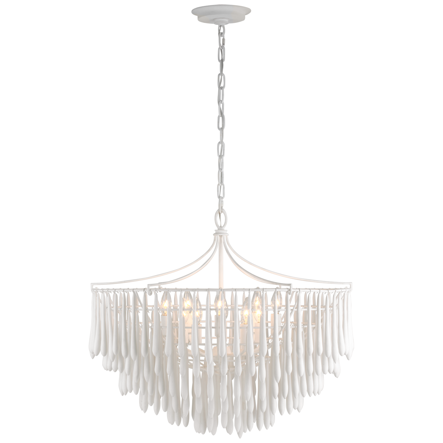 Featuring Vacarro Medium Chandelier Plaster White by Visual Comfort at Amethyst Home. The Vacarro by Julie Neill transforms classic basket chandeliers into a new and unique design statement. Hanging from the basket frame are sculptural, elongated plaster teardrops that create an unexpected texture while light emanates from within the basket. Available in all white or with a m. Amethyst Home provides interior design, new construction, custom furniture, and area rugs in the Salt Lake City metro area