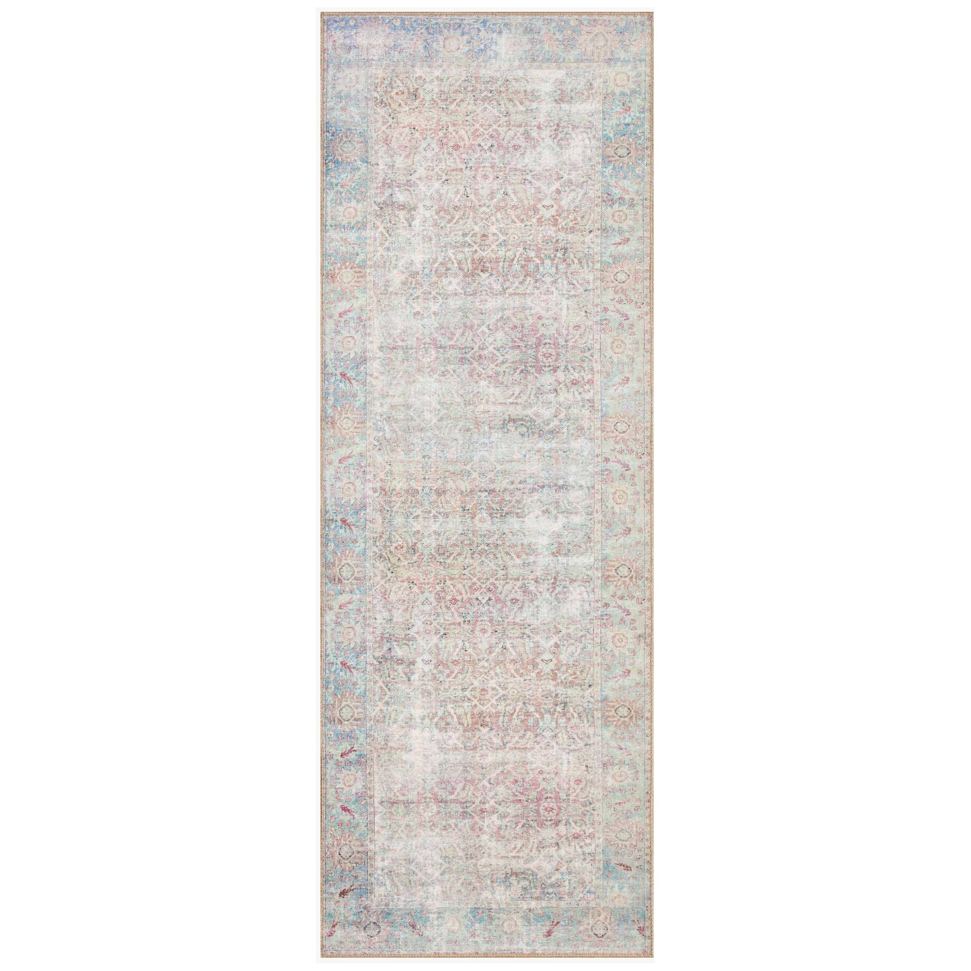 The Wynter Red / Teal area rug showcases a one-of-a-kind vintage or antique area rug look power-loomed of 100% polyester. This rug brings in tones of pink, ivory, and blue. The rug is ideal for high traffic areas due to the rug's durability for living rooms, dining rooms, kitchens, hallways, and entryways.