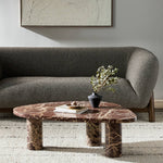 Featuring Zion Merlot Marble Coffee Table by Four Hands at Amethyst Home. Shape and material share the spotlight in this tripod-style coffee table of solid marble. With turned, pillar legs and a rich merlot finish, with dramatic natural veining. Option to pair with smaller matching table for a nested look.Small TableOverall Dimensions: 36.00"w x 25.50"d x 13.00"hWeight: 154.10 lbsB. Amethyst Home provides interior design, new construction, custom furniture, and area rugs in the Monterey metro area
