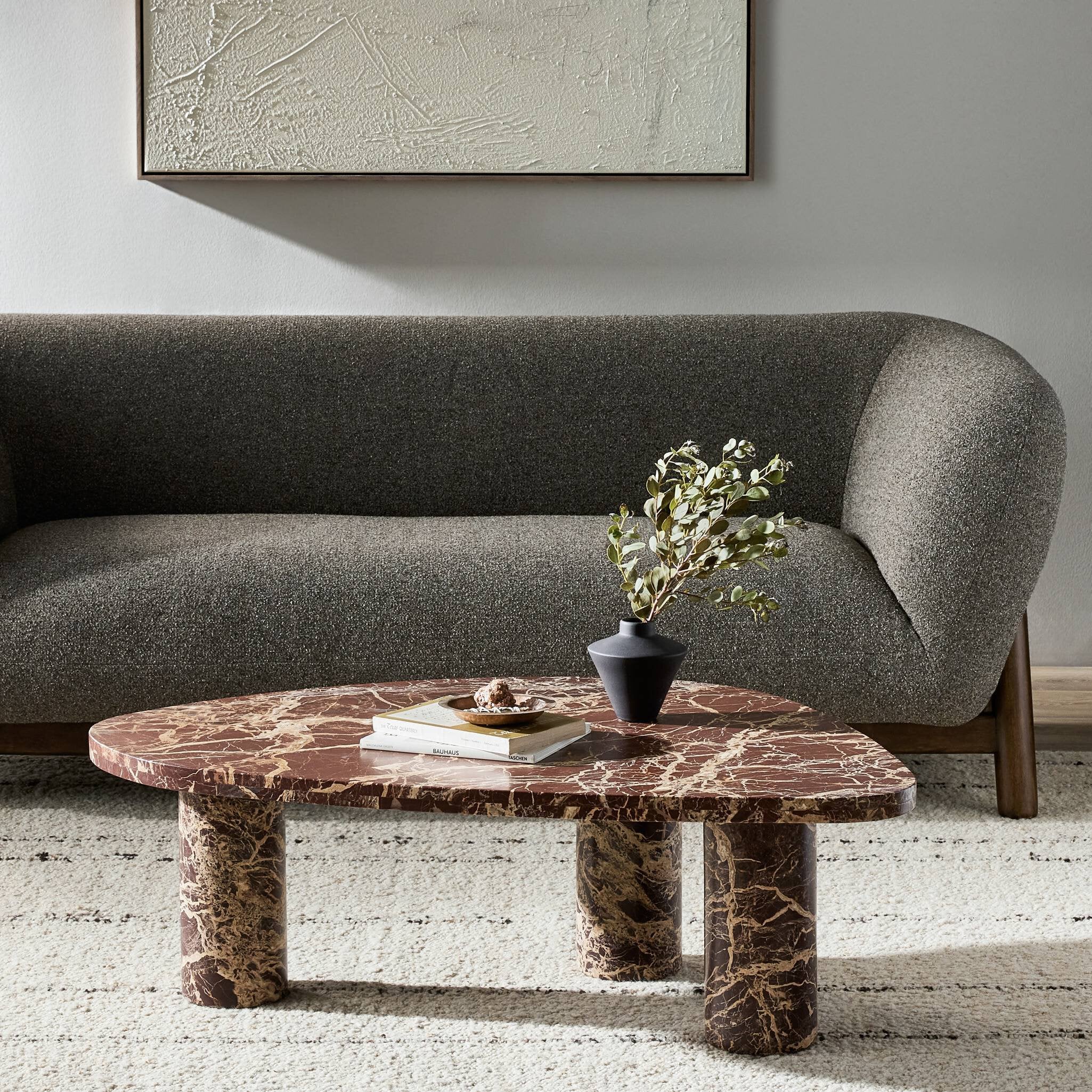 Featuring Zion Merlot Marble Coffee Table by Four Hands at Amethyst Home. Shape and material share the spotlight in this tripod-style coffee table of solid marble. With turned, pillar legs and a rich merlot finish, with dramatic natural veining. Option to pair with smaller matching table for a nested look.Small TableOverall Dimensions: 36.00"w x 25.50"d x 13.00"hWeight: 154.10 lbsB. Amethyst Home provides interior design, new construction, custom furniture, and area rugs in the Monterey metro area