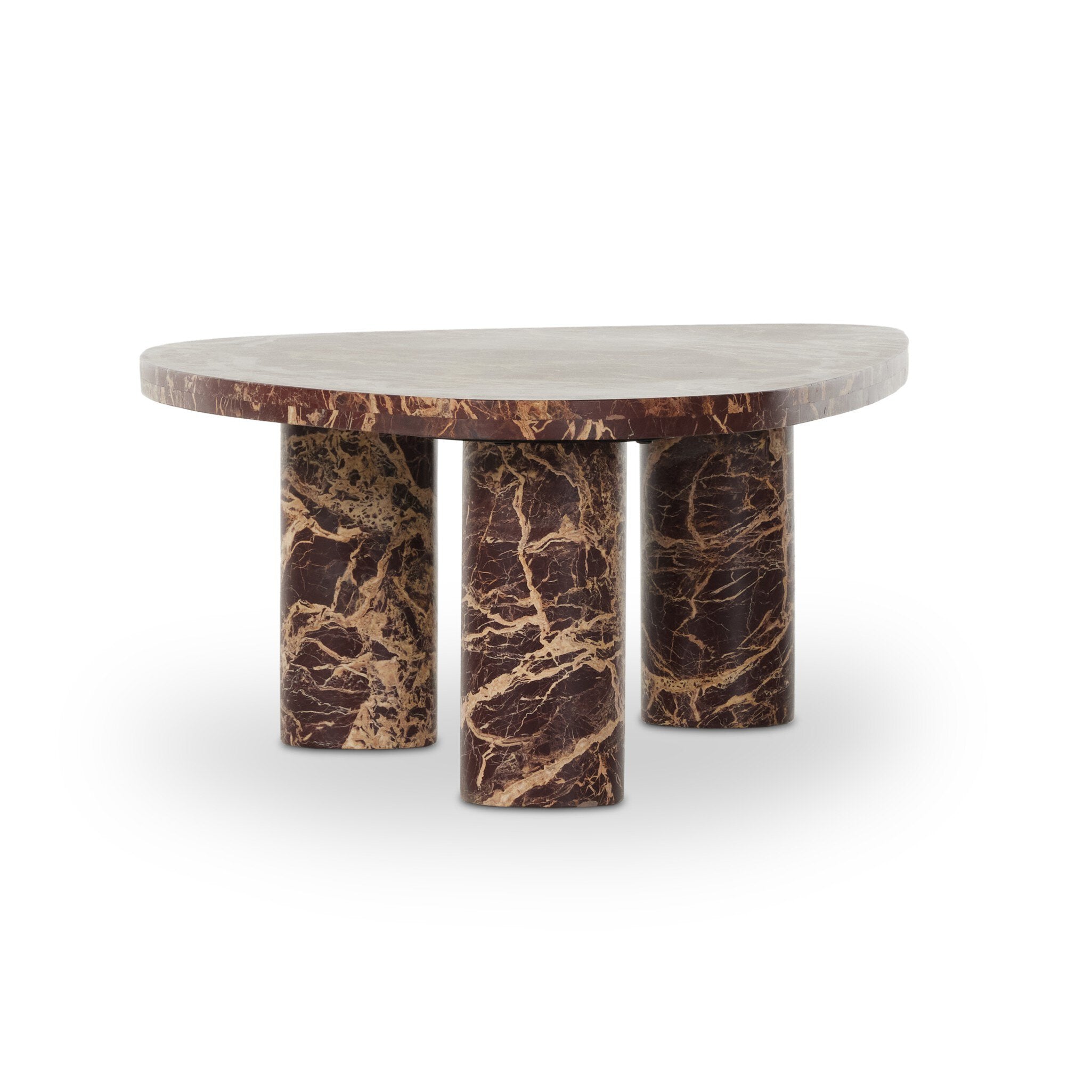Featuring Zion Merlot Marble Coffee Table by Four Hands at Amethyst Home. Shape and material share the spotlight in this tripod-style coffee table of solid marble. With turned, pillar legs and a rich merlot finish, with dramatic natural veining. Option to pair with smaller matching table for a nested look.Small TableOverall Dimensions: 36.00"w x 25.50"d x 13.00"hWeight: 154.10 lbsBi. Amethyst Home provides interior design, new construction, custom furniture, and area rugs in the Seattle metro area