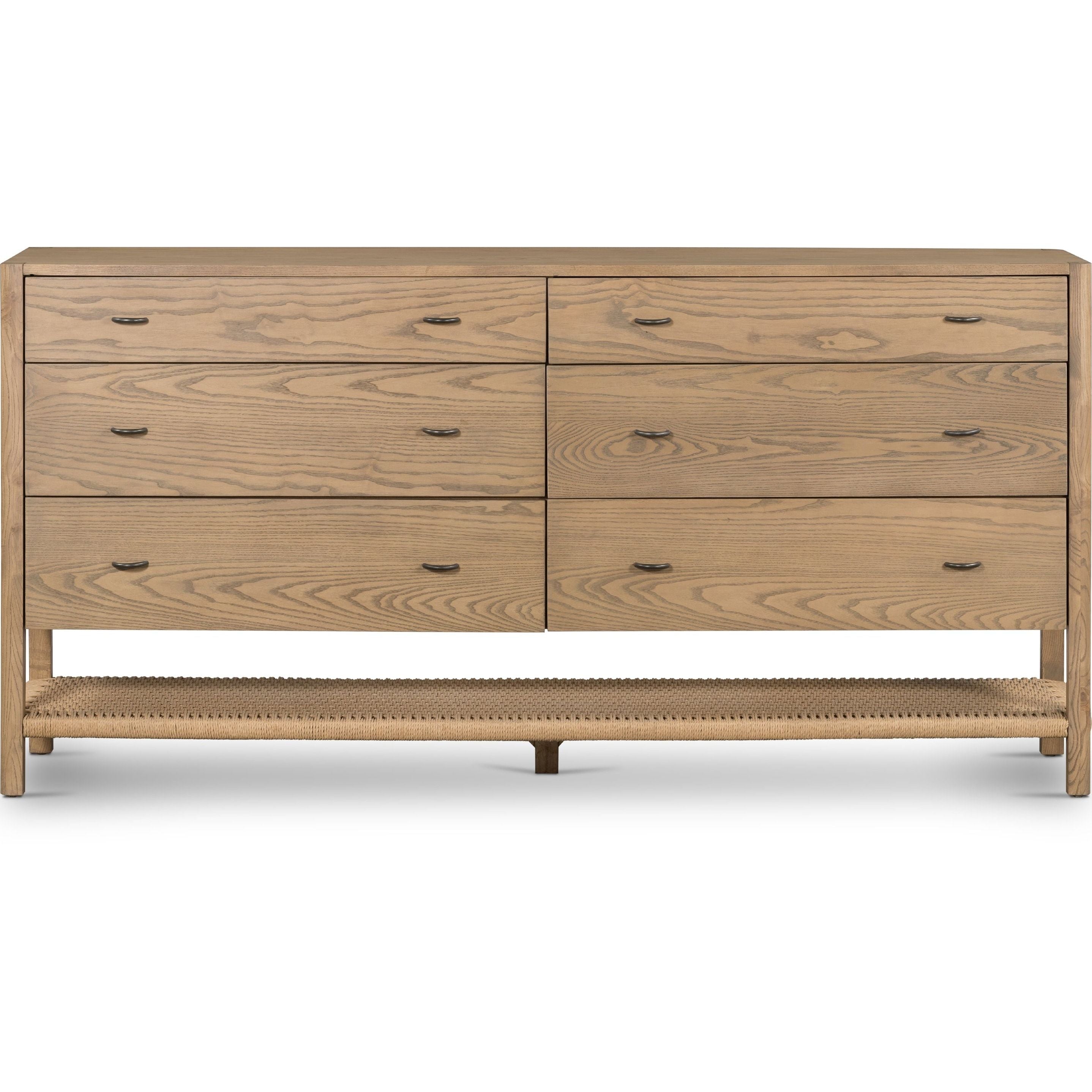 Featuring Zuma Dune Ash 6 Drawer Dresser by Four Hands at Amethyst Home. Simple yet refined, the Zuma Dune Ash 6 Drawer Dresser is a danish design-influenced dresser that is made from solid ash, with iron hardware finished in a sleek gunmetal. Stretcher-style shelving made from woven paper cord serves up a textural finishing touch. Six spacious drawers bring generous storage space to the bedro. Amethyst Home provides interior design services, furniture, rugs, and lighting in the Dallas metro area.