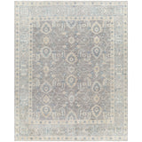 Give your space an air of sophistication with our Palais Hand-Knotted Rug. Crafted with 100% wool in hues of charcoal, ivory, seafoam, and taupe, the rug features a soft texture and is contrasted with a deep center and bright border for an artful look. Perfect for adding depth and character to any room. Amethyst Home provides interior design, new construction, custom furniture, and area rugs in the Calabasas metro area