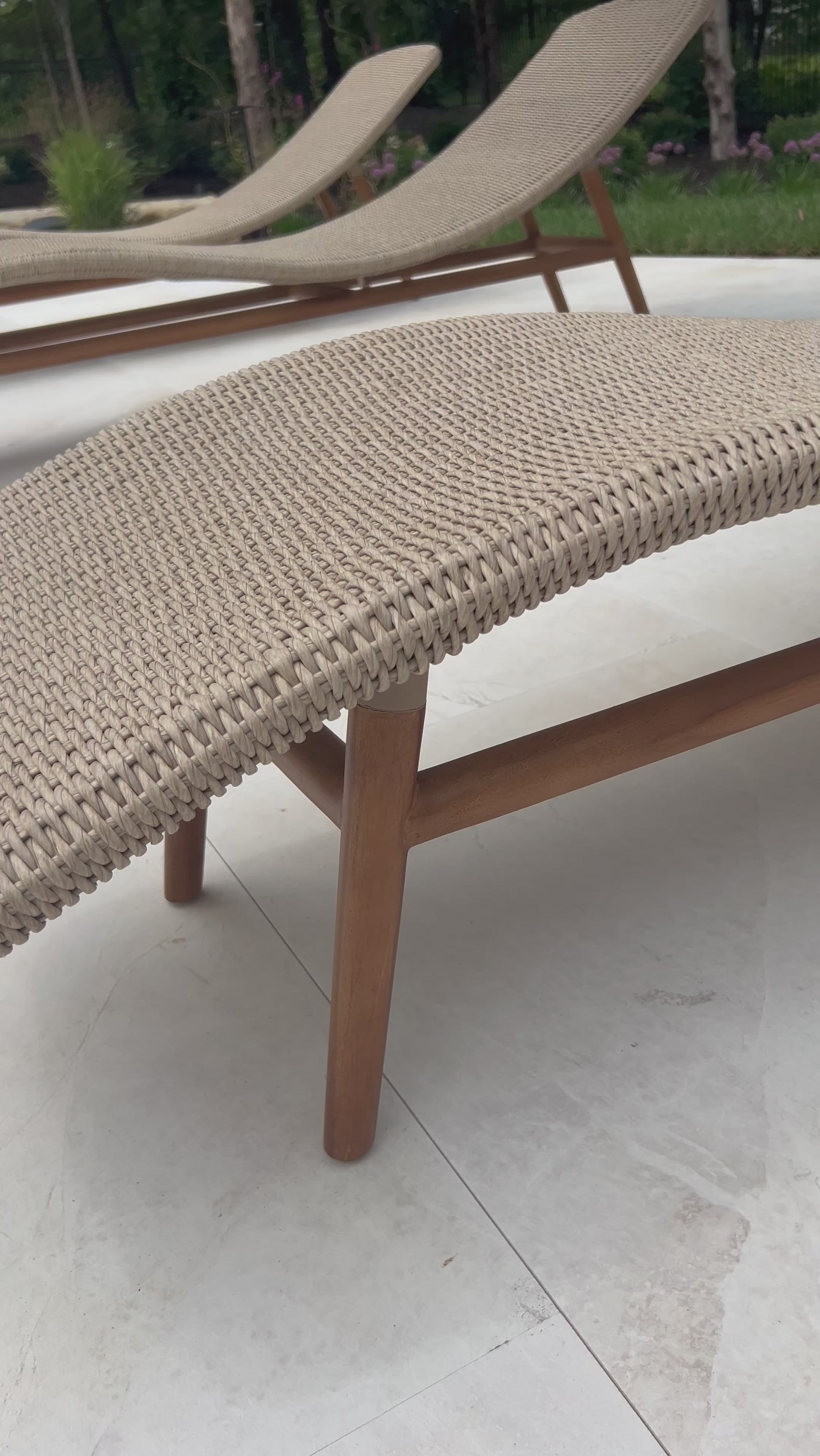 Strike a pose. Based off a vintage shape, all-weather wicker is subtly curved and set atop a minimal frame made of solid teak. A stylish statement piece and seating option for both indoors and out. Cover or store inside during inclement weather and when not in use.Overall Dimensions: 24.00"w x 80.50"d x 27.50"hWeight : 55. Amethyst Home provides interior design, new home construction design consulting, vintage area rugs, and lighting in the Des Moines metro area.