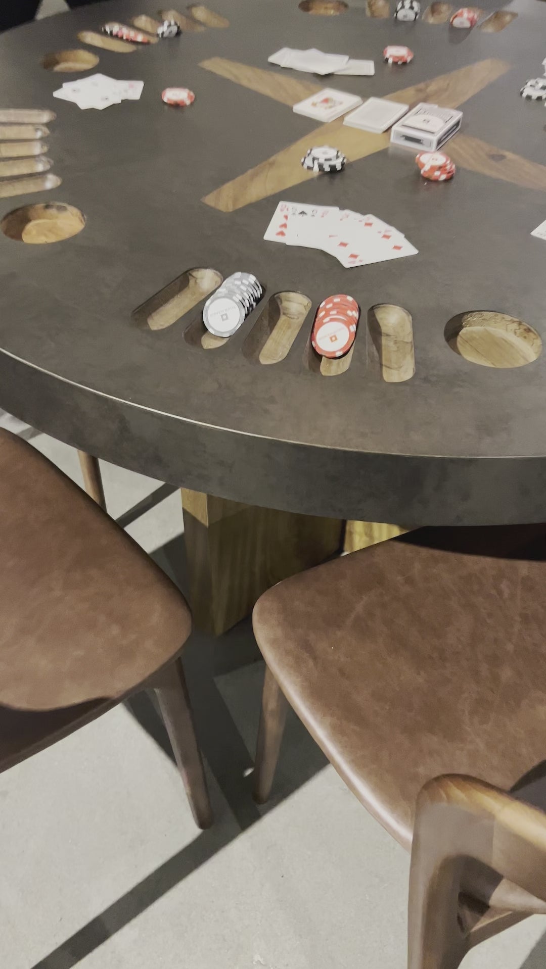 Handmade by skilled artisans, the Natural Brown Guanacaste Poker Table is aone-of-a-kind game that features a beautiful blend of hand-finished Guanacaste wood and metal that’s been aged through a manual, month-long process using natural elements to bring unique character to each piece. Includes built-ins for poker chips and drinks. Seats six. Amethyst Home provides interior design, new home construction design consulting, vintage area rugs, and lighting in the Alpharetta metro area.