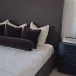 Grand high back and matte linen beauty -- the Daphne bed is a dream! Amethyst Home provides interior design, new home construction design consulting, vintage area rugs, and lighting in the Park City metro area.