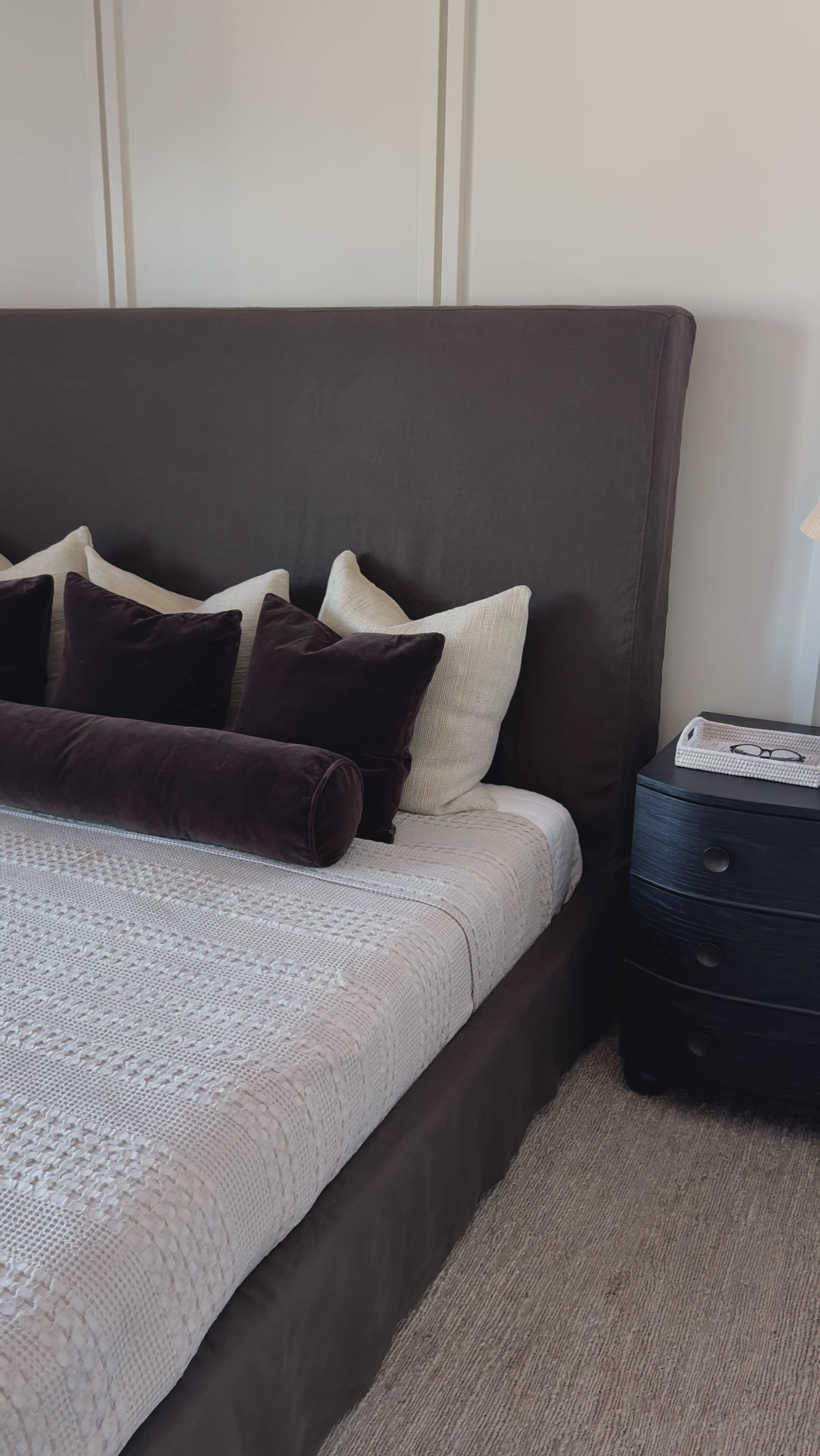 Grand high back and matte linen beauty -- the Daphne bed is a dream! Amethyst Home provides interior design, new home construction design consulting, vintage area rugs, and lighting in the Park City metro area.