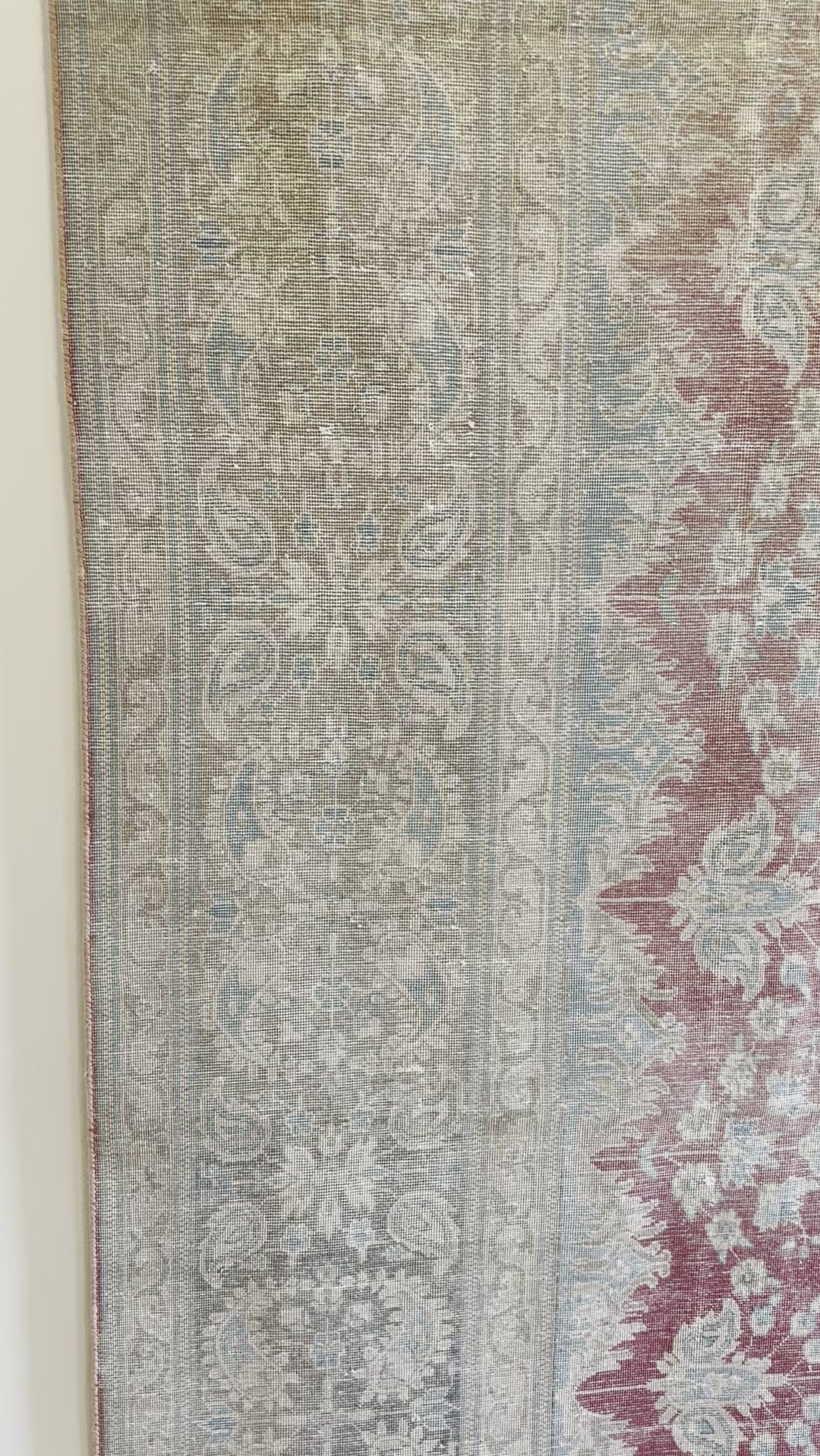 Whitewashed pastels hues on one side, flip for intense pinks and blues!  Hand knotted, 100% wool - perfect for high traffic areas.