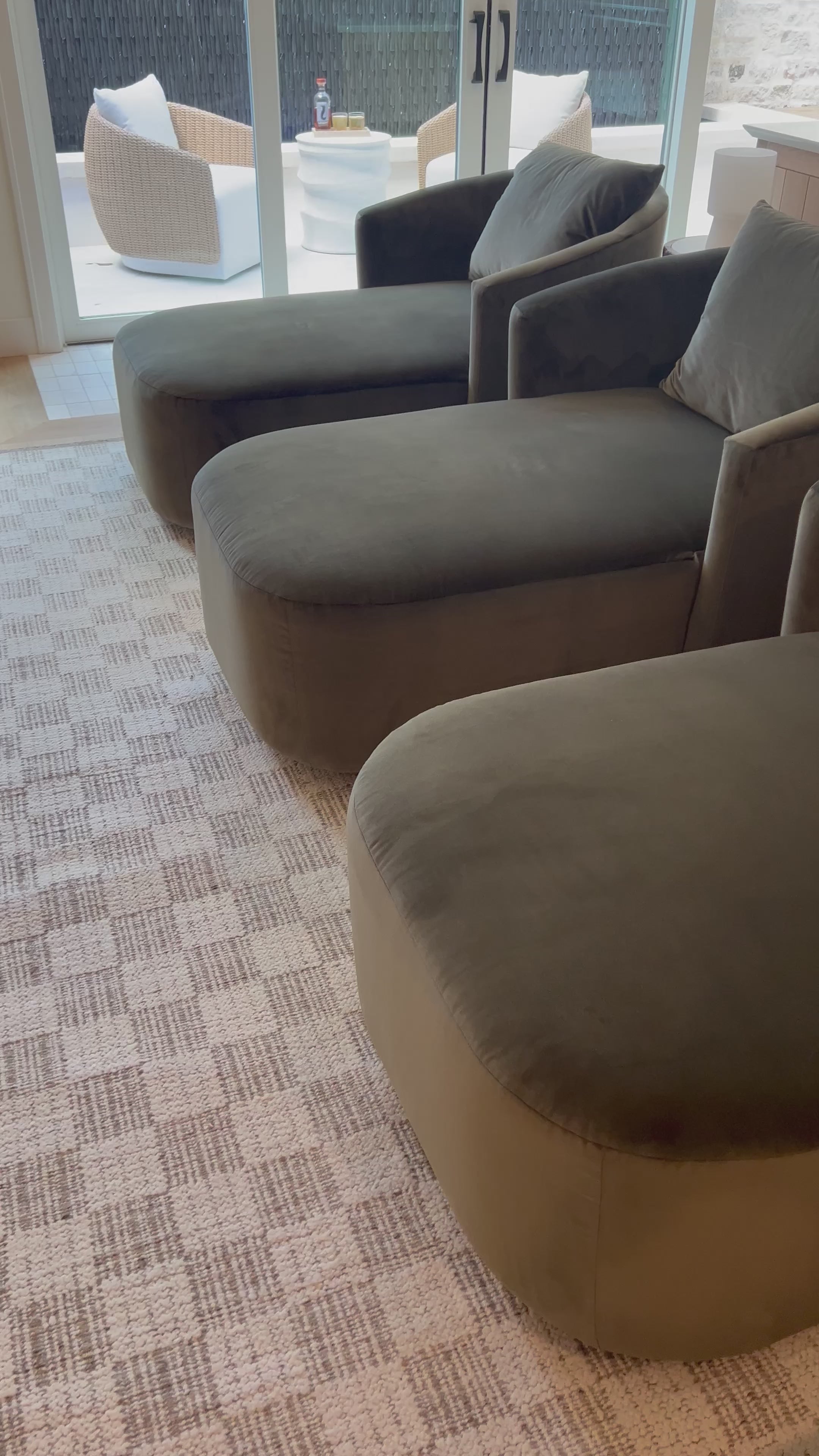 Thick, soft velvet and modern organic curves make this an unforgettable piece.  Perfect for a relaxing corner or pair together for the ultimate movie hangout.Overall Dimensions: 39.00"w x 58.50"d x 33.50"hWeight : 81.57 lbsMaterials : 76.8% Cotton, 23.2% Polyester, Pine Plywood, Solid Pine Amethyst Home provides interior design, new home construction design consulting, vintage area rugs, and lighting in the Washington metro area.