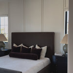 Grand high back and matte linen beauty -- the Daphne bed is a dream! Amethyst Home provides interior design, new home construction design consulting, vintage area rugs, and lighting in the Winter Garden metro area.