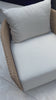 Sustainably made with zero waste, luxurious Italian upholstery places a new and unique spin on indoor/outdoor seating, offering soft, durable fabric that's highly resistant to sun, stains, mold and abrasion. Shell framing of faux hyacinth weaves for extra texture atop a 360-degree swivel. Cover or store indoors during inclement weather and when not in use. Amethyst Home provides interior design, new home construction design consulting, vintage area rugs, and lighting in the Laguna Beach metro area.