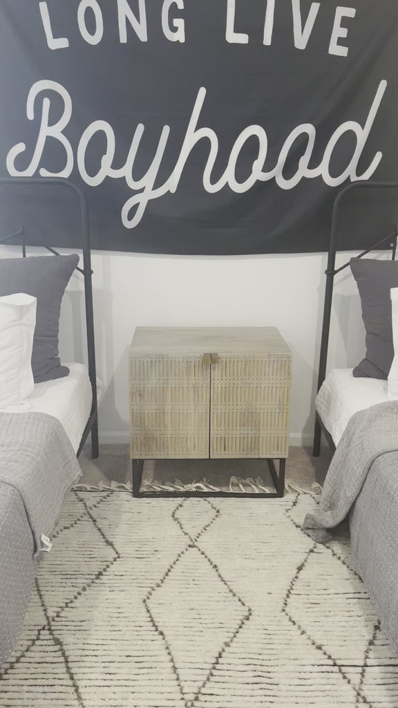 This Ivy nightstand has beautiful, whitewashed carved details and plenty of storage!  We love its organic modern look with the iron frame. Amethyst Home provides interior design, new home construction design consulting, vintage area rugs, and lighting in the Alpharetta metro area.