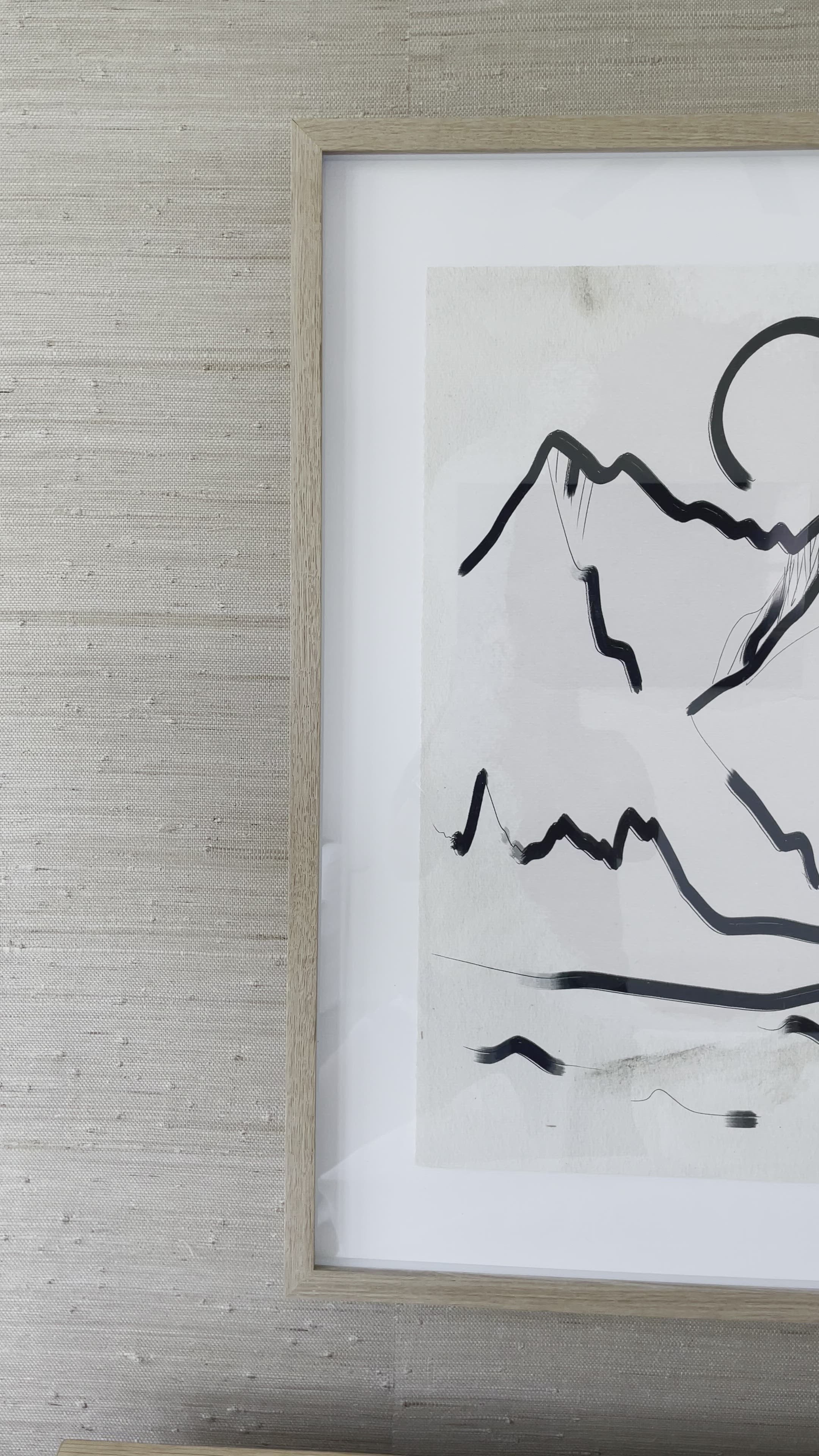 Load video: We love the clean contrast Mountain High II Art bings to a space. Original rendering by Bangkok-based art house Coup D&#39;Esprit, this is framed within vertical grain white oak for a museum-quality look.  Compete the look with Mountain High I, III &amp; IV!