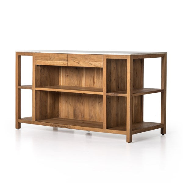 Featuring Indira Smoked Acacia Kitchen Island by Four Hands at Amethyst Home. Create space and style with the Indira Kitchen Island in Smoked Acacia made from smoked acacia and solid white marble. Roomy open shelving offers ample options for storage and display, while dual drawers keep frequently used items within reach.
Size: 62"W x 29"L x 36"H
Colors: Smoked Acacia, Smoked Acacia Veneer, Whit. Amethyst Home provides interior design services, furniture, rugs, and lighting in the Omaha metro area.