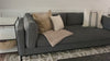 Streamlined yet comfortable!  We loved the subtle piping of the cushion details and stress-free color!  Flexible style, luxurious comfort and family-friendly upholstery. Clean, simple lines and black iron base keep everything casual and chic.  Overall Dimensions: 92.00"w x 38.00"d x 30.00"h Seat Depth: 28" Seat Height: 17" Arm Height from Floor: 24" Arm Height from Seat: 7"