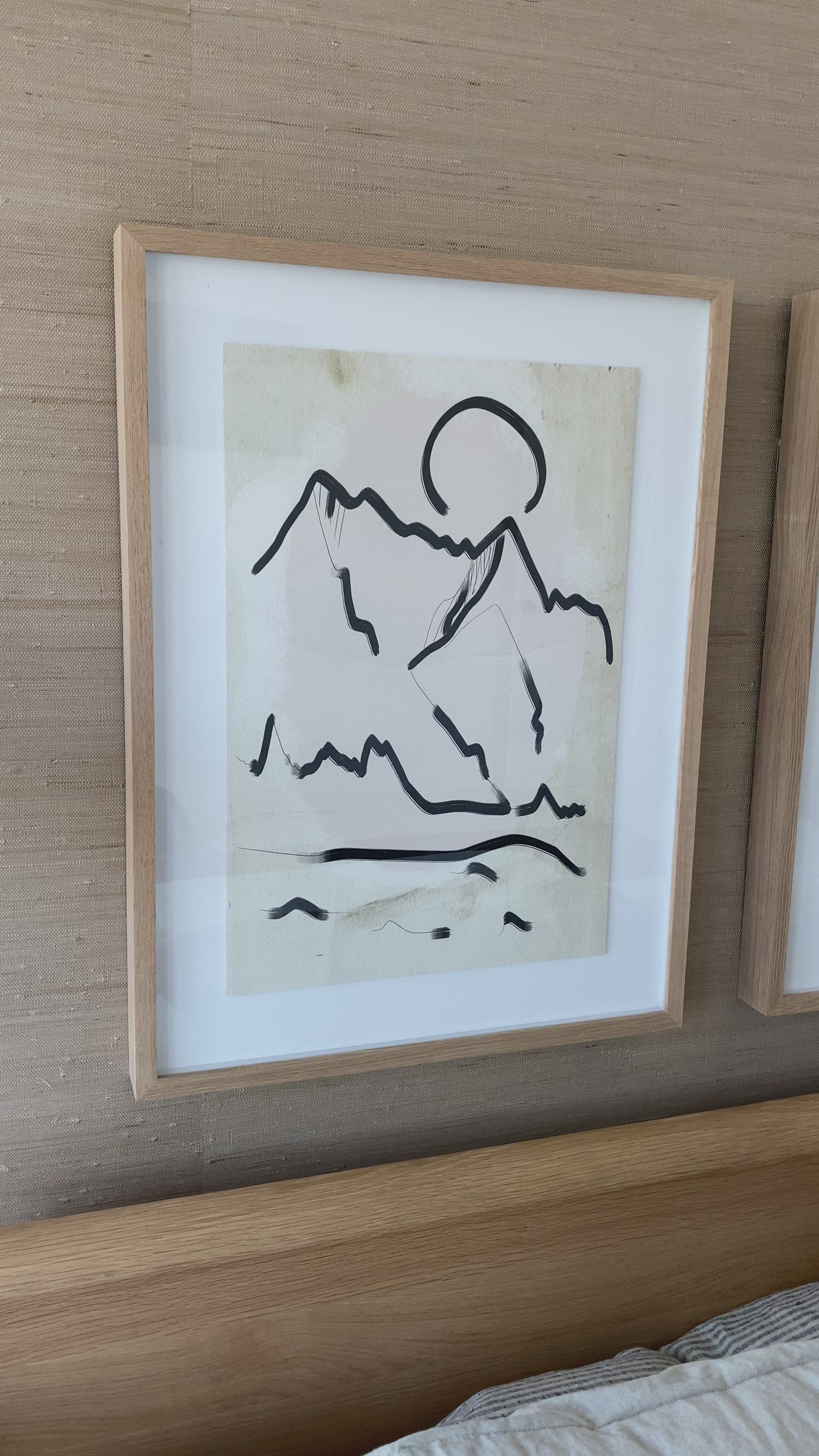 Load video: We love the clean contrast Mountain High II Art bings to a space. Original rendering by Bangkok-based art house Coup D&#39;Esprit, this is framed within vertical grain white oak for a museum-quality look.  Compete the look with Mountain High I, III &amp; IV!