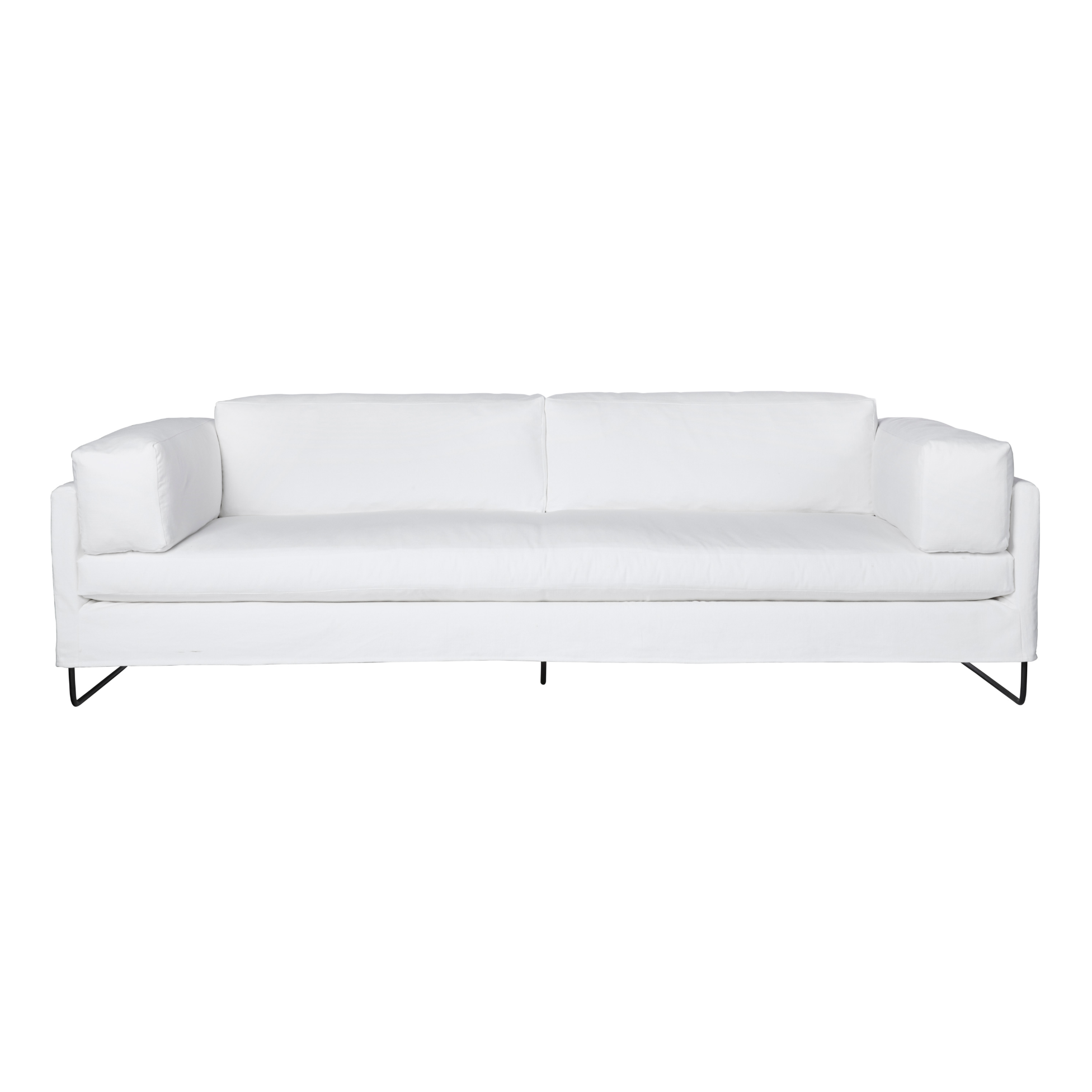 The gorgeous Allister slipcovered sofa by Cisco Brothers is chic and dreamy. The chunky pillows are so much fun with this silhouette. This sofa is photographed in Molino White fabric.  Dimensions: 101"w X 40"d X 24"h Seat dimensions: 77"w X 27"d  Support: webbing, stitch: Blind Leg: Base-metal  Note: Feather & Down included upon a black rust metal base