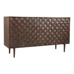 The thin legs and dark walnut finish on the solid Sheesham wood give us all the mid-century vibes. The three doors swing up to shelves, making it both gorgeous and functional  Size: 58"W x 18"D x 33"H Material: Solid Sheesham