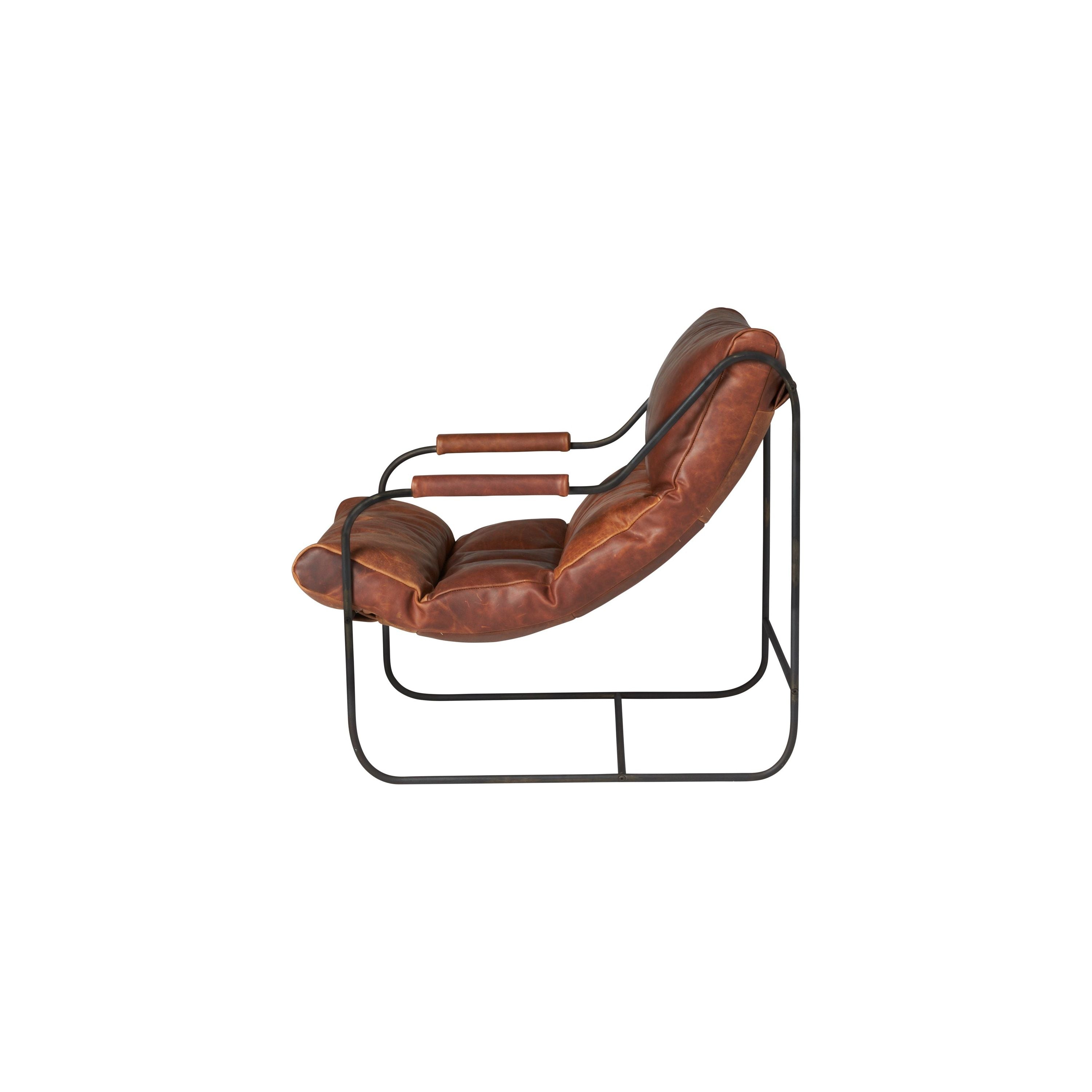 Like "sitting in an American baseball glove" -- the Brando Leather Chair from Cisco Brothers was love at first sit in this unique chair! We compare the feel to sitting in a hammock. As shown in Spur Terracotta leather.  Size: 27"w x 36"d x 32"h  Seat space: 25"w x 19"d x 17.5"h