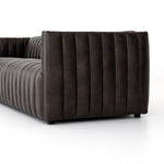 Featuring Henry Wolf Leather Sofa 97" by Four Hands at Amethyst Home. Upholstered in dreamy "wolf" leather -- this sofa is the perfect blend of chocolate and grey tones.  Channeled leather makes for a structured, comfortable sit.  
The Amethyst design team often recommends this sofa when you need a narrower depth without sacrificing comfort.  This sofa seat.  Amethyst Home provides interior design, new home construction design consulting, vintage area rugs, and lighting in the Portland metro area.