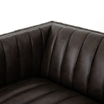 Featuring Henry Wolf Leather Sofa 97" by Four Hands at Amethyst Home. Upholstered in dreamy "wolf" leather -- this sofa is the perfect blend of chocolate and grey tones.  Channeled leather makes for a structured, comfortable sit.  
The Amethyst design team often recommends this sofa when you need a narrower depth without sacrificing comfort.  This sofa seats c.  Amethyst Home provides interior design, new home construction design consulting, vintage area rugs, and lighting in the Omaha metro area.