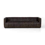 Featuring Henry Wolf Leather Sofa 97" by Four Hands at Amethyst Home. Upholstered in dreamy "wolf" leather -- this sofa is the perfect blend of chocolate and grey tones.  Channeled leather makes for a structured, comfortable sit.  
The Amethyst design team often recommends this sofa when you need a narrower depth without sacrificing comfort.  This sofa seats c.  Amethyst Home provides interior design, new home construction design consulting, vintage area rugs, and lighting in the Omaha metro area.