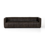 Featuring Henry Wolf Leather Sofa 97" by Four Hands at Amethyst Home. Upholstered in dreamy "wolf" leather -- this sofa is the perfect blend of chocolate and grey tones.  Channeled leather makes for a structured, comfortable sit.  
The Amethyst design team often recommends this sofa when you need a narrower depth without sacrificing comfort.  This sofa seats c.  Amethyst Home provides interior design, new home construction design consulting, vintage area rugs, and lighting in the Omaha metro area.