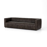 Featuring Henry Wolf Leather Sofa 97" by Four Hands at Amethyst Home. Upholstered in dreamy "wolf" leather -- this sofa is the perfect blend of chocolate and grey tones.  Channeled leather makes for a structured, comfortable sit.  
The Amethyst design team often recommends this sofa when you need a narrower depth without sacrificing comfort.  This sofa sea.  Amethyst Home provides interior design, new home construction design consulting, vintage area rugs, and lighting in the Charlotte metro area.