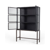 Featuring Spencer Curio Cabinet - Drifted Black by Four Hands at Amethyst Home. We love how the Spencer Drifted Black Curio Cabinet is perched on a simple, waxed black iron pedestal. The rustic black-finished oak forms an airy curio cabinet designed to showcase life’s artifacts.

Overall Dimensions: 45.75"W x 16"L x 69"H
Colors: Drifted Matte Black Veneer.  Amethyst Home provides interior design, new home construction design consulting, vintage area rugs, and lighting in the Scottsdale metro area.