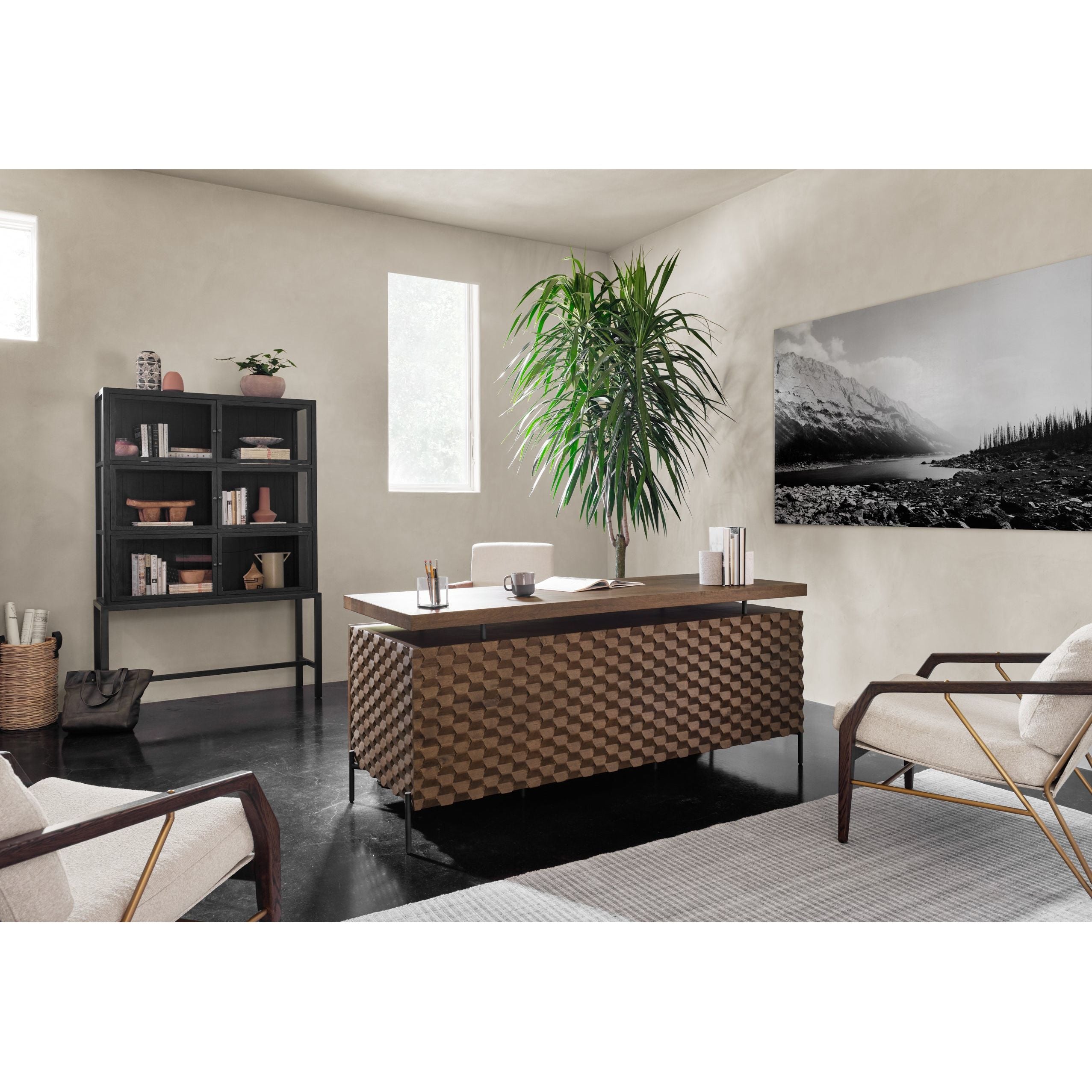 Featuring Spencer Curio Cabinet - Drifted Black by Four Hands at Amethyst Home. We love how the Spencer Drifted Black Curio Cabinet is perched on a simple, waxed black iron pedestal. The rustic black-finished oak forms an airy curio cabinet designed to showcase life’s artifacts.

Overall Dimensions: 45.75"W x 16"L x 69"H
Colors: Drifted Matte Black Veneer.  Amethyst Home provides interior design, new home construction design consulting, vintage area rugs, and lighting in the Washington metro area.