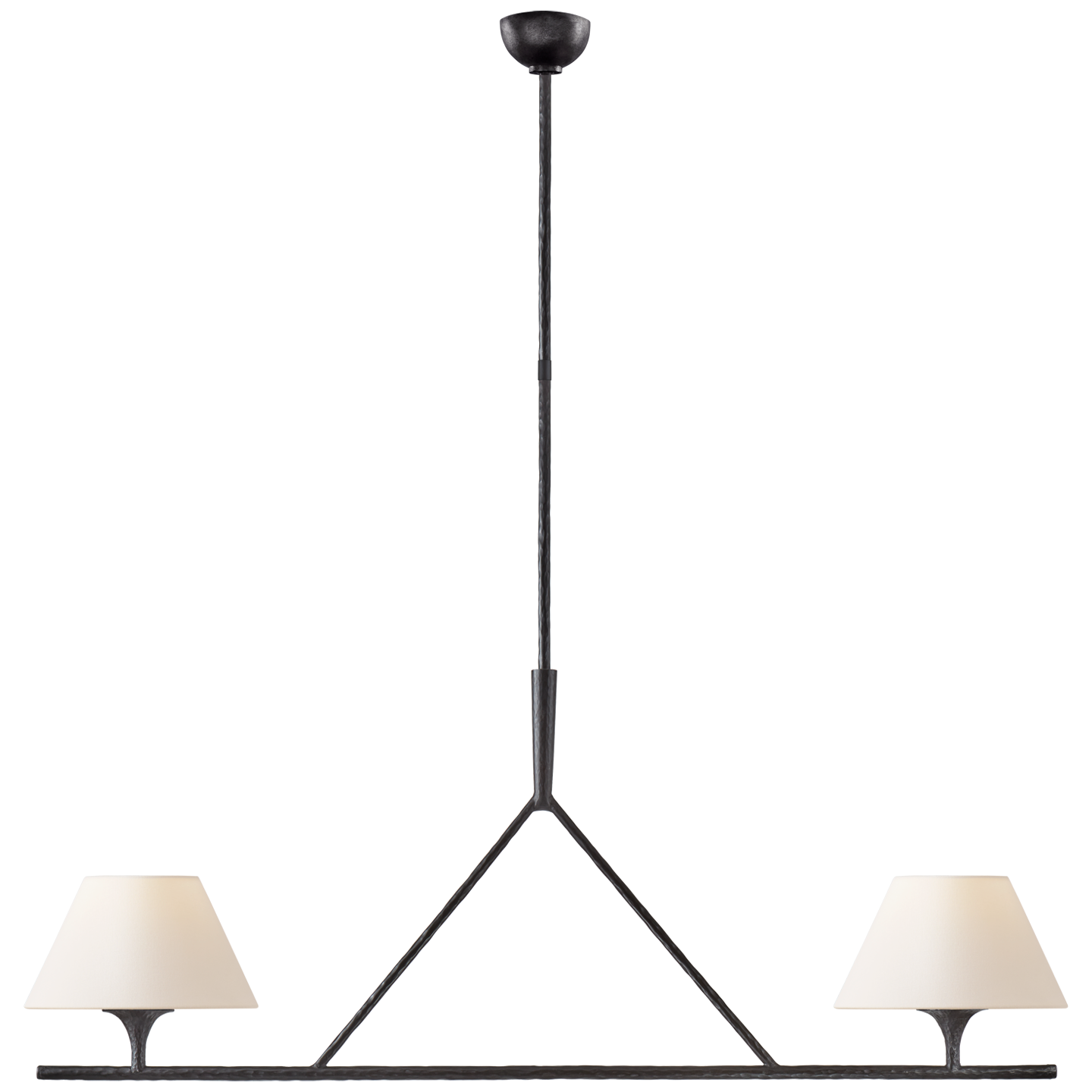 Featuring Cesta Linear Chandelier by Visual Comfort at Amethyst Home. The Cesta Linear Chandelier by Visual Comfort is finished in aged iron with a linen shade. We love the timeless look it brings to a living room, dining room, or other large area. 
Overall Dimensions: 54" L x 54" W x 57.5" HWeight: 24 lbs.  Amethyst Home provides interior design, new home construction design consulting, vintage area rugs, and lighting in the Washington metro area.