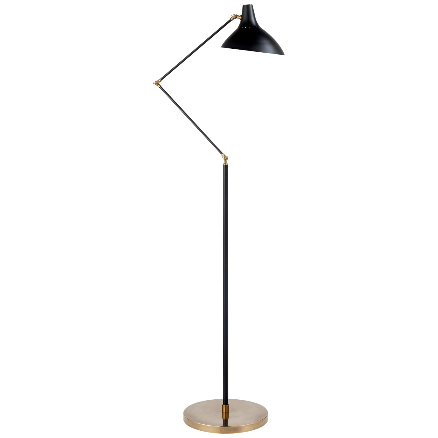 Featuring Charlton Floor Lamp by Visual Comfort at Amethyst Home. The Charlton Floor Lamp by Visual Comfort has a three points of movement and is the perfect lamp for your desk, living room, or other area needing extra lighting. 
Designer: AERIN
Height: 51" - 63"Width: 12"Extension: 42"Base: 12" RoundSocket: E26 Keyless w/ Floor SwitchWattage: 60 AWeight: .  Amethyst Home provides interior design, new home construction design consulting, vintage area rugs, and lighting in the San Diego metro area.