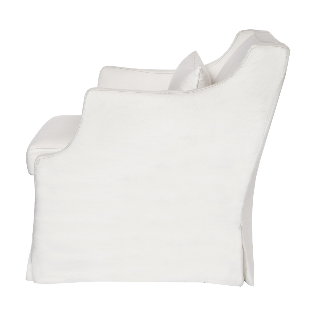 The slipcovered Amalia Chair from Cisco Brothers is one of our dreamiest seats!  Beautifully made in white 100% linen, this chair is equal parts casual and chic.  So comfortable and outside the ordinary -- perfect for traditional & coastal styles! Shown in a Grade J, Brevard Ivory fabric.