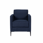 Featuring Benedict Upholstered Chair - Custom by Cisco Brothers at Amethyst Home. The Benedict Chair - Custom by Cisco Brothers is a modern design with clean lines and sleek metal legs in black rust. It has a fresh and functional aesthetic with no-sag support. As a small scale sofa, its ideal for apartment living and suitable for any occasion. Photographed.  Amethyst Home provides interior design, new home construction design consulting, vintage area rugs, and lighting in the Calabasas metro area.