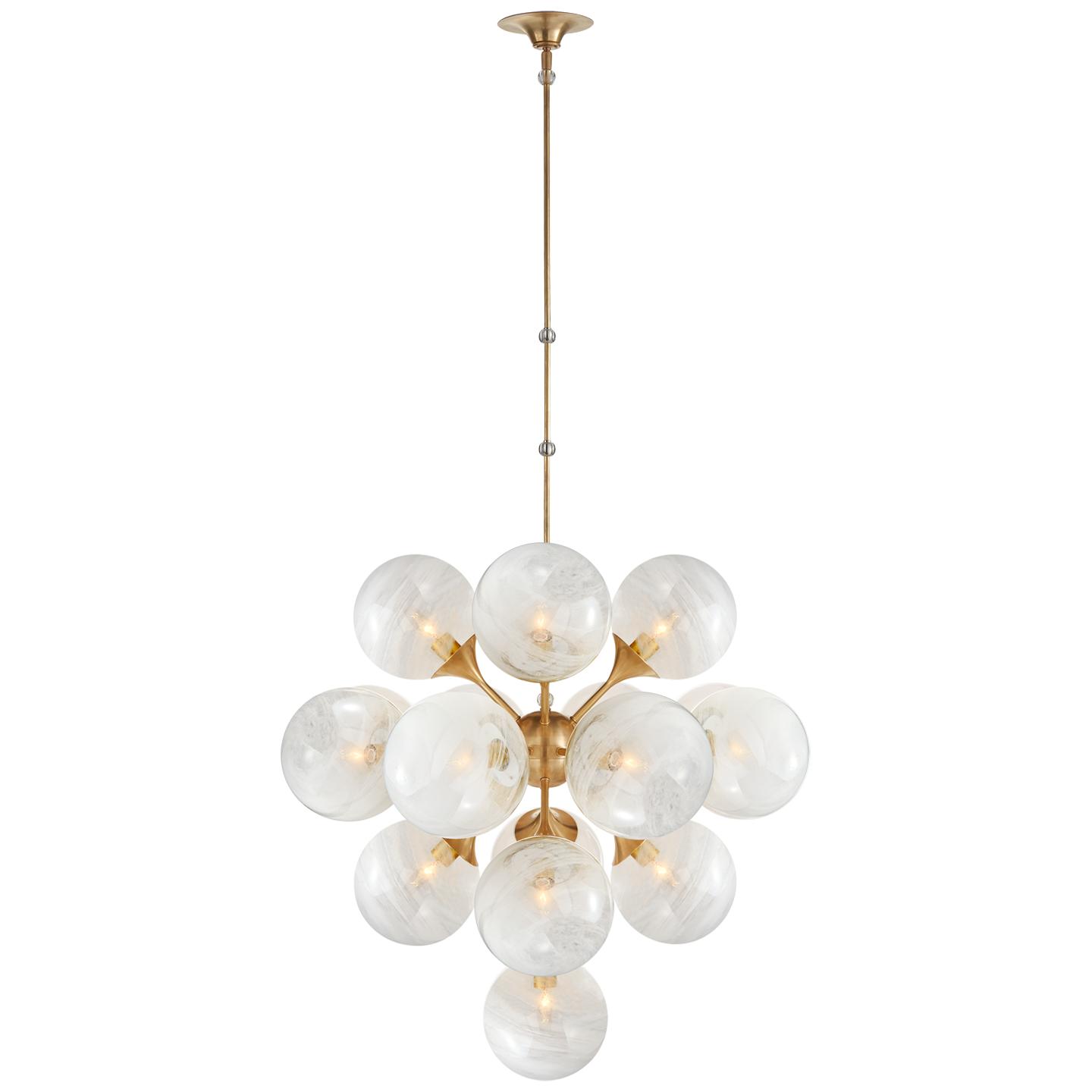 Featuring Cristol Large Chandelier by Visual Comfort at Amethyst Home. We love the white strie glass globes on this Cristol Large Chandelier by Visual Comfort. It brings a stunning and unique look to any living room, dining room, or kitchen.
Overall Dimensions: 33.25" L x 33.25" W x 62" HWeight: 70 lbs..  Amethyst Home provides interior design, new home construction design consulting, vintage area rugs, and lighting in the Nashville metro area.