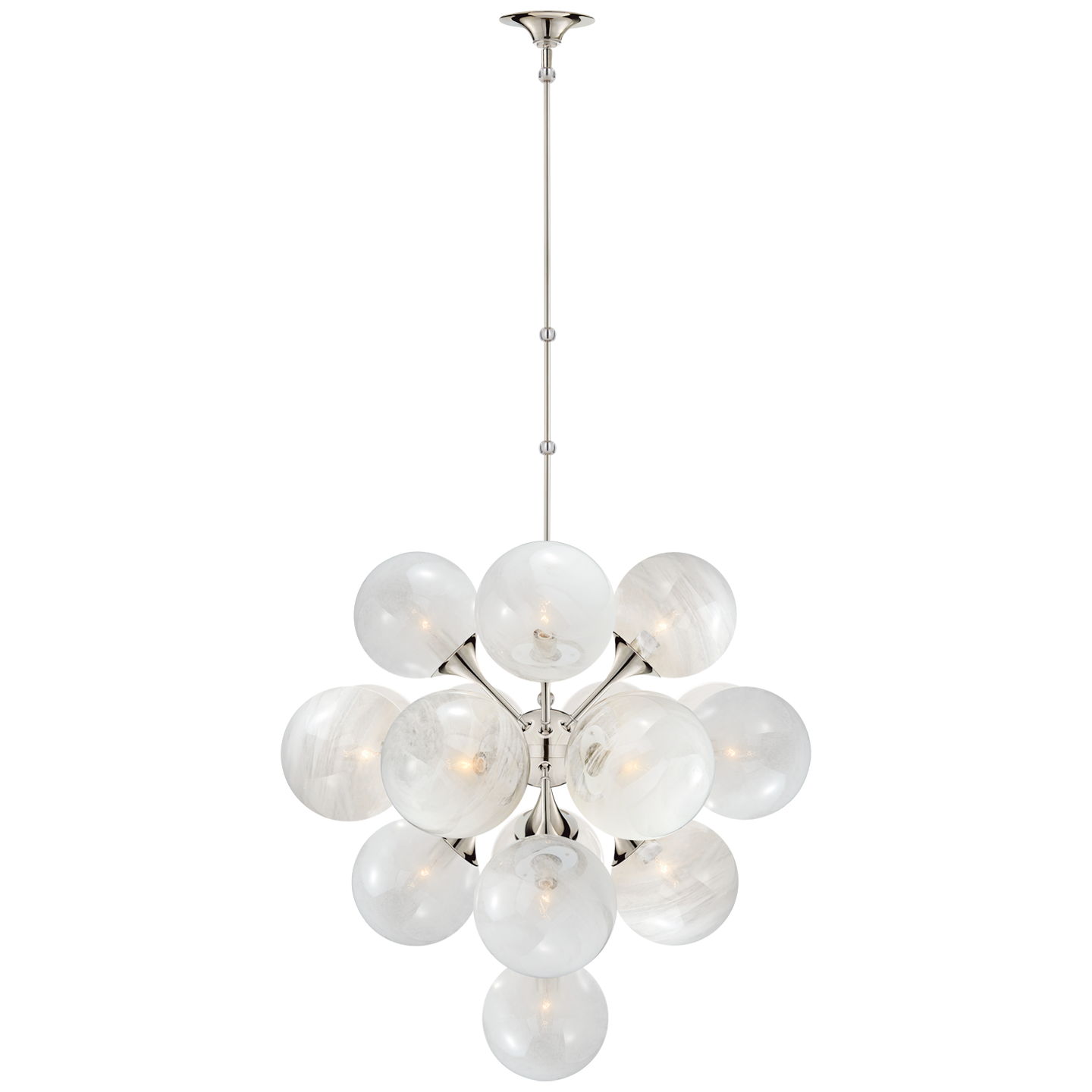 Featuring Cristol Large Chandelier by Visual Comfort at Amethyst Home. We love the white strie glass globes on this Cristol Large Chandelier by Visual Comfort. It brings a stunning and unique look to any living room, dining room, or kitchen.
Overall Dimensions: 33.25" L x 33.25" W x 62" HWeight: 70 lbs..  Amethyst Home provides interior design, new home construction design consulting, vintage area rugs, and lighting in the Kansas City metro area.