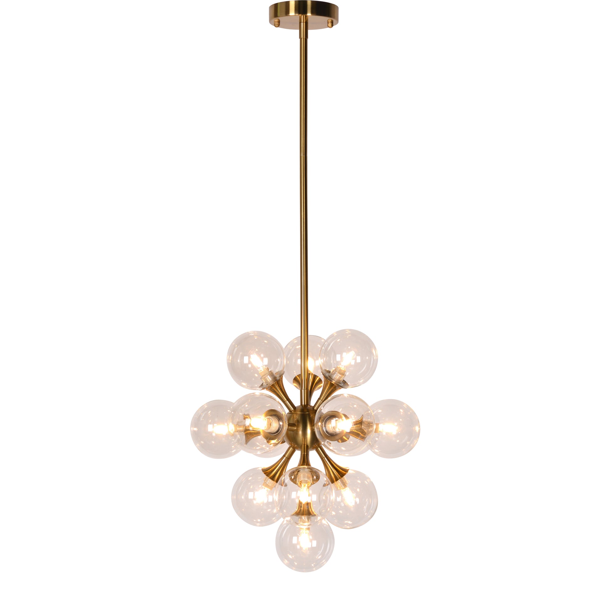 A stunning mix of glass and metal make up this captivating chandelier. This modern chandelier will complement various styles with its iron metal and clear glass bulb design, bringing some sculptural interest to a dining room or any living space with high ceilings.Depth : 15 in Amethyst Home provides interior design, new home construction design consulting, vintage area rugs, and lighting in the Washington metro area.