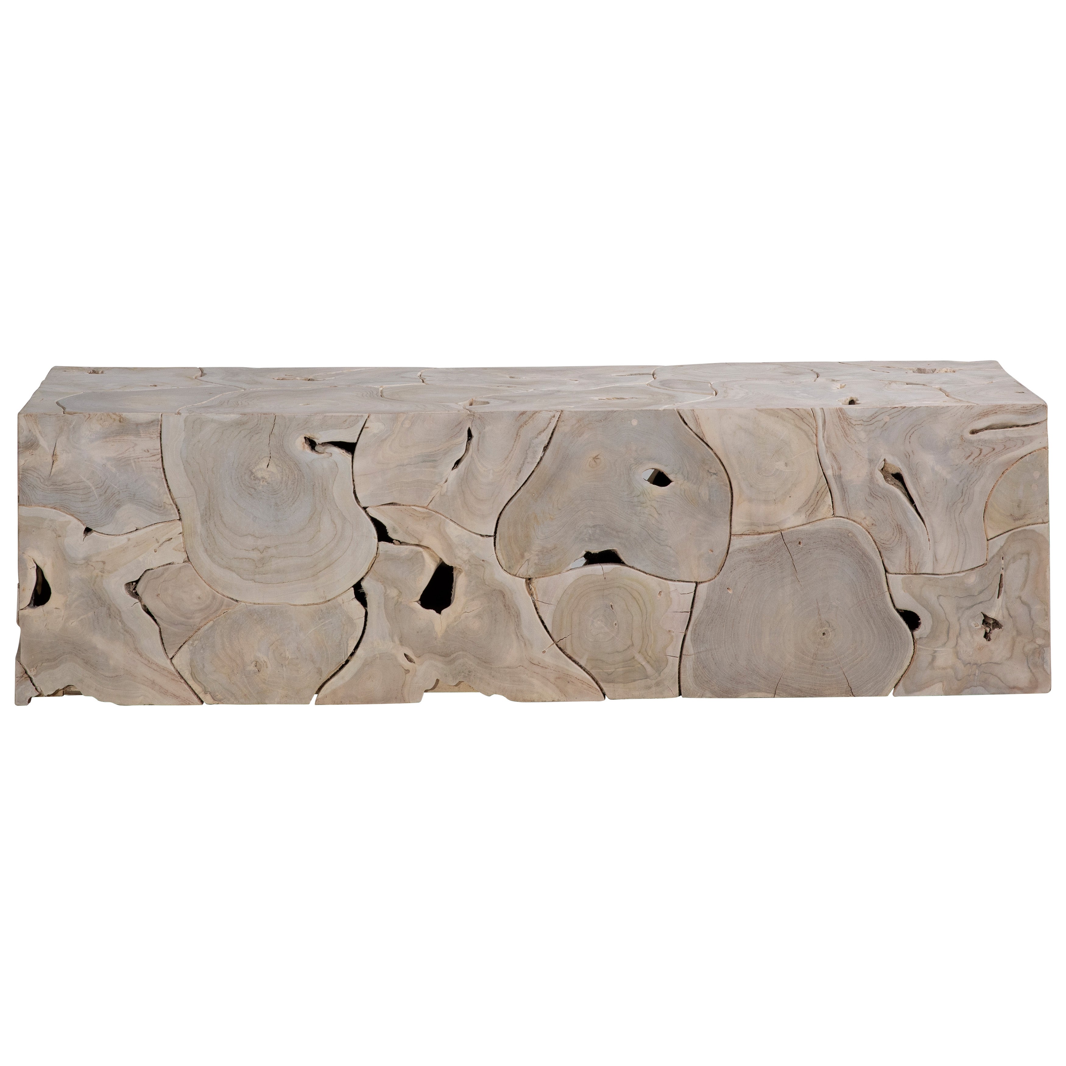 Pieced together from reclaimed slabs and chunks of solid teak wood finished in a bleached finish with exquisite craftsmanship. Artisans build each bench like a puzzle, fitting each piece together in combinations that are never duplicated. Like true works of art, no two will be exactly alike. Amethyst Home provides interior design, new home construction design consulting, vintage area rugs, and lighting in the Omaha metro area.