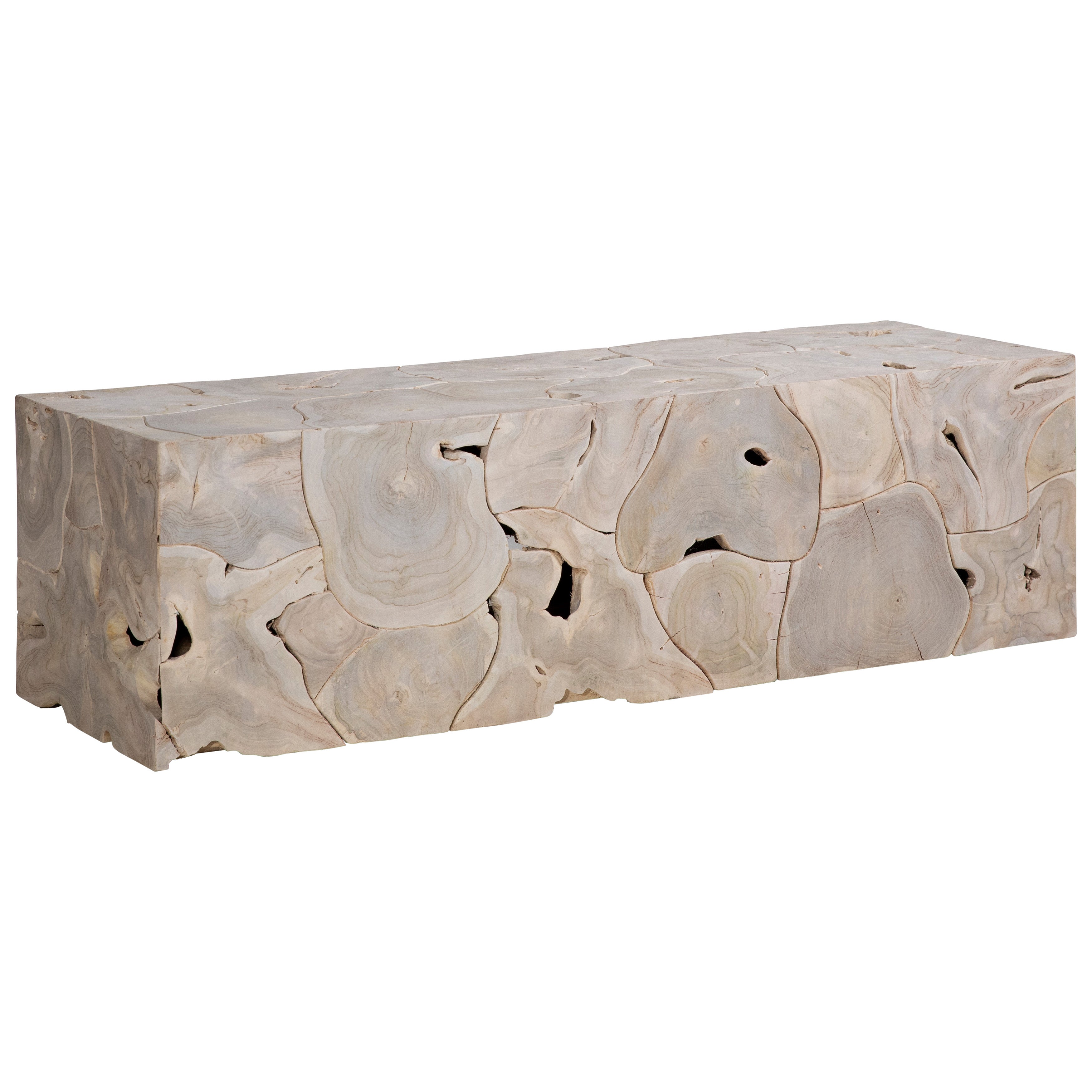 Pieced together from reclaimed slabs and chunks of solid teak wood finished in a bleached finish with exquisite craftsmanship. Artisans build each bench like a puzzle, fitting each piece together in combinations that are never duplicated. Like true works of art, no two will be exactly alike. Amethyst Home provides interior design, new home construction design consulting, vintage area rugs, and lighting in the Winter Garden metro area.