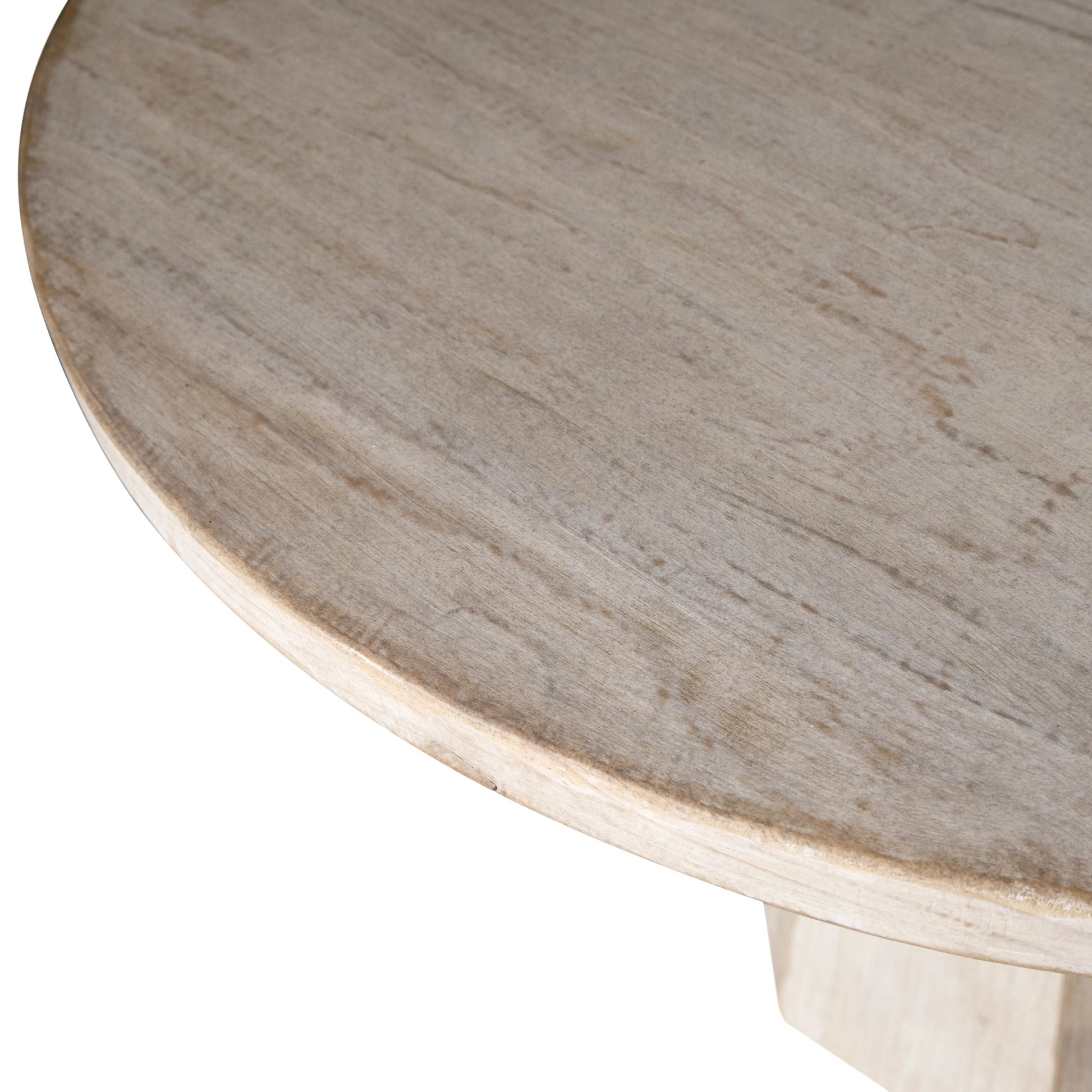 The beautifully curved reclaimed pine wood top of our 48" round dining table perfectly harmonizes with the hexagonal shape of its wood base. The light warm washed finish works great for any style or décor. Creating the perfect stage for an enjoyable dinner gathering.Depth : 48 i Amethyst Home provides interior design, new home construction design consulting, vintage area rugs, and lighting in the Portland metro area.