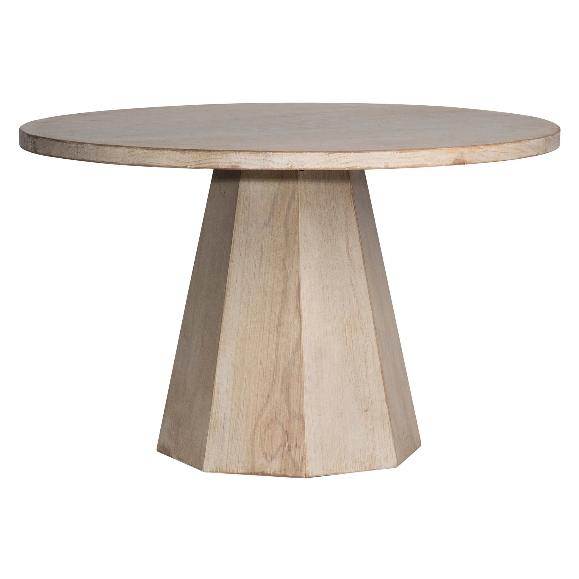 The beautifully curved reclaimed pine wood top of our 48" round dining table perfectly harmonizes with the hexagonal shape of its wood base. The light warm washed finish works great for any style or décor. Creating the perfect stage for an enjoyable dinner gathering.Depth : 48 i Amethyst Home provides interior design, new home construction design consulting, vintage area rugs, and lighting in the Seattle metro area.