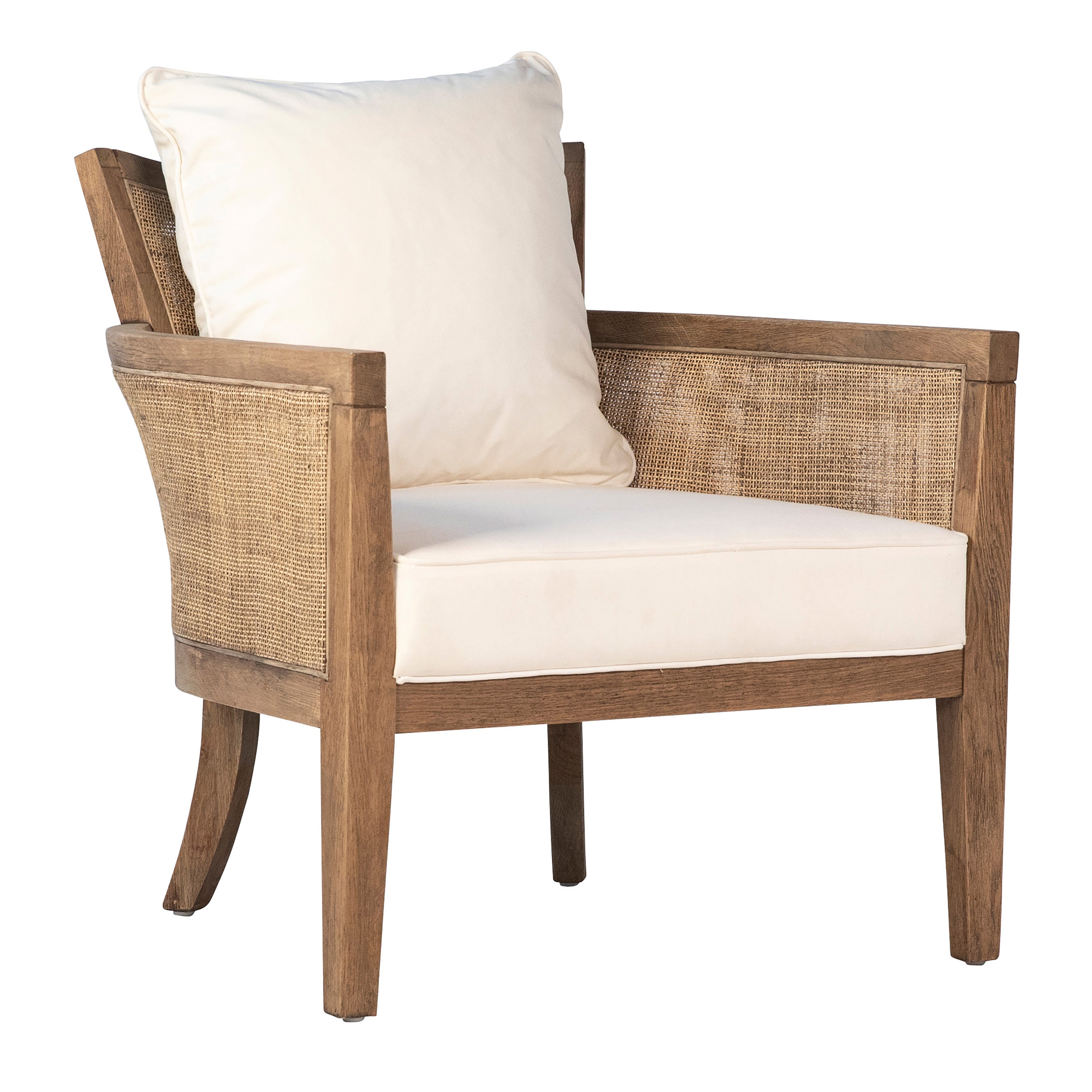 Made with mixed materials, this handsome tropical inspired Occasional Chair features a natural white, cotton blend cushioned seat and back rest supported by a natural oak wood frame wrapped in natural rattan panels.Depth : 31 in Amethyst Home provides interior design, new home construction design consulting, vintage area rugs, and lighting in the Portland metro area.
